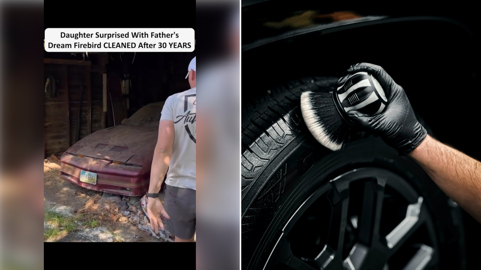 Left: cover still from an Instagram reel by @. Right: A gloved hand scrubbing a car tire with a brush (Unsplash photo by Zac Nielson).