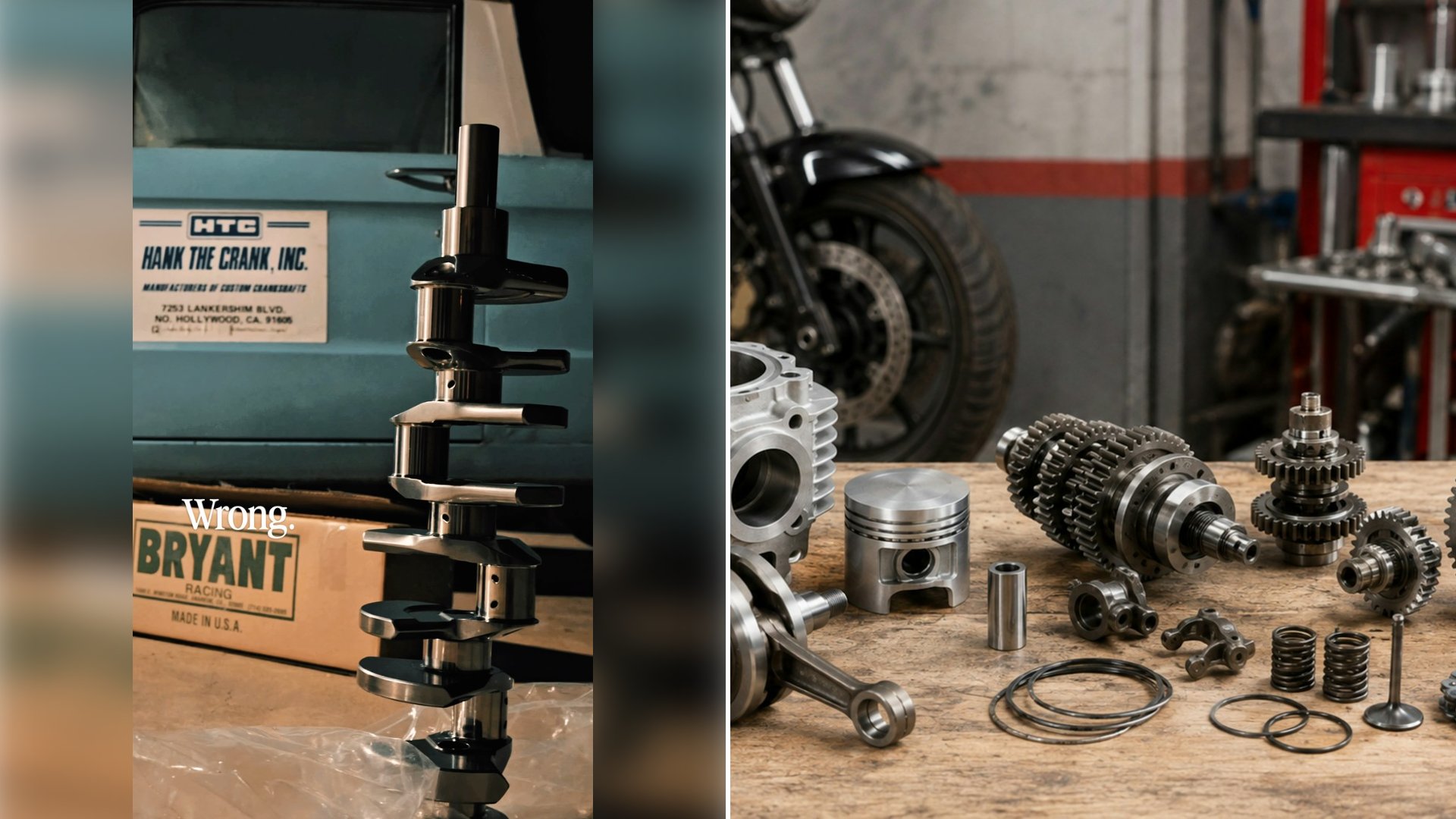 Left: cover still from an Instagram reel by @. Right: Various motorcycle engine parts laid out on a wooden surface (Unsplash photo by Rado Parts).