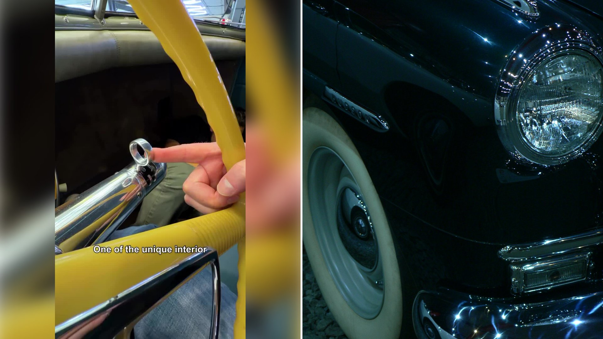 Left: cover still from a TikTok video by @aydeealdanass. Right: The front fender and chrome headlight of a glossy black vintage car with a whitewall tire (Unsplash photo by Evgeny Karpov).