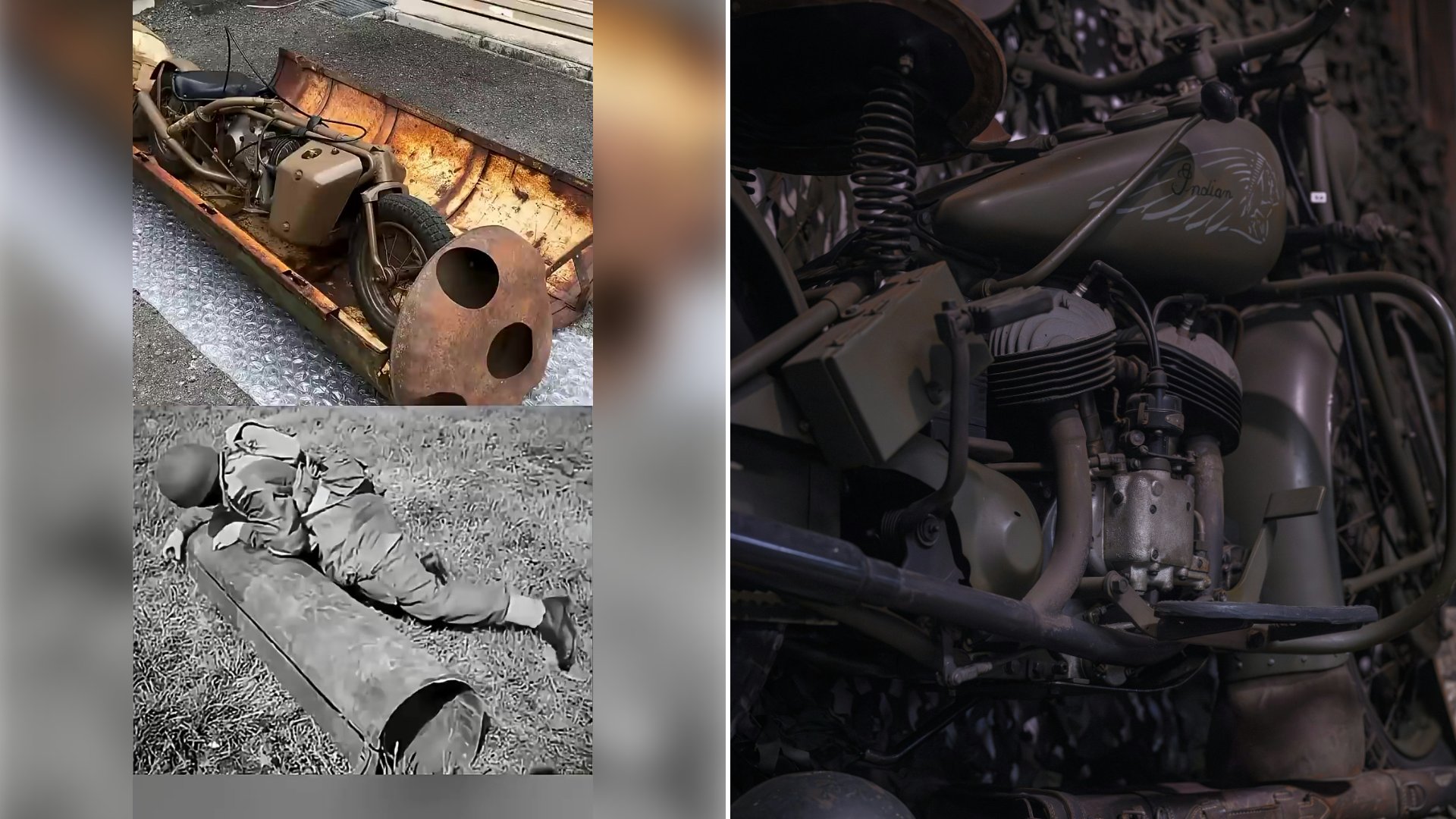 Left: cover still from a TikTok video by @boss55.1. Right: A vintage military motorcycle displayed against a camouflage background (Unsplash photo by Haberdoedas).