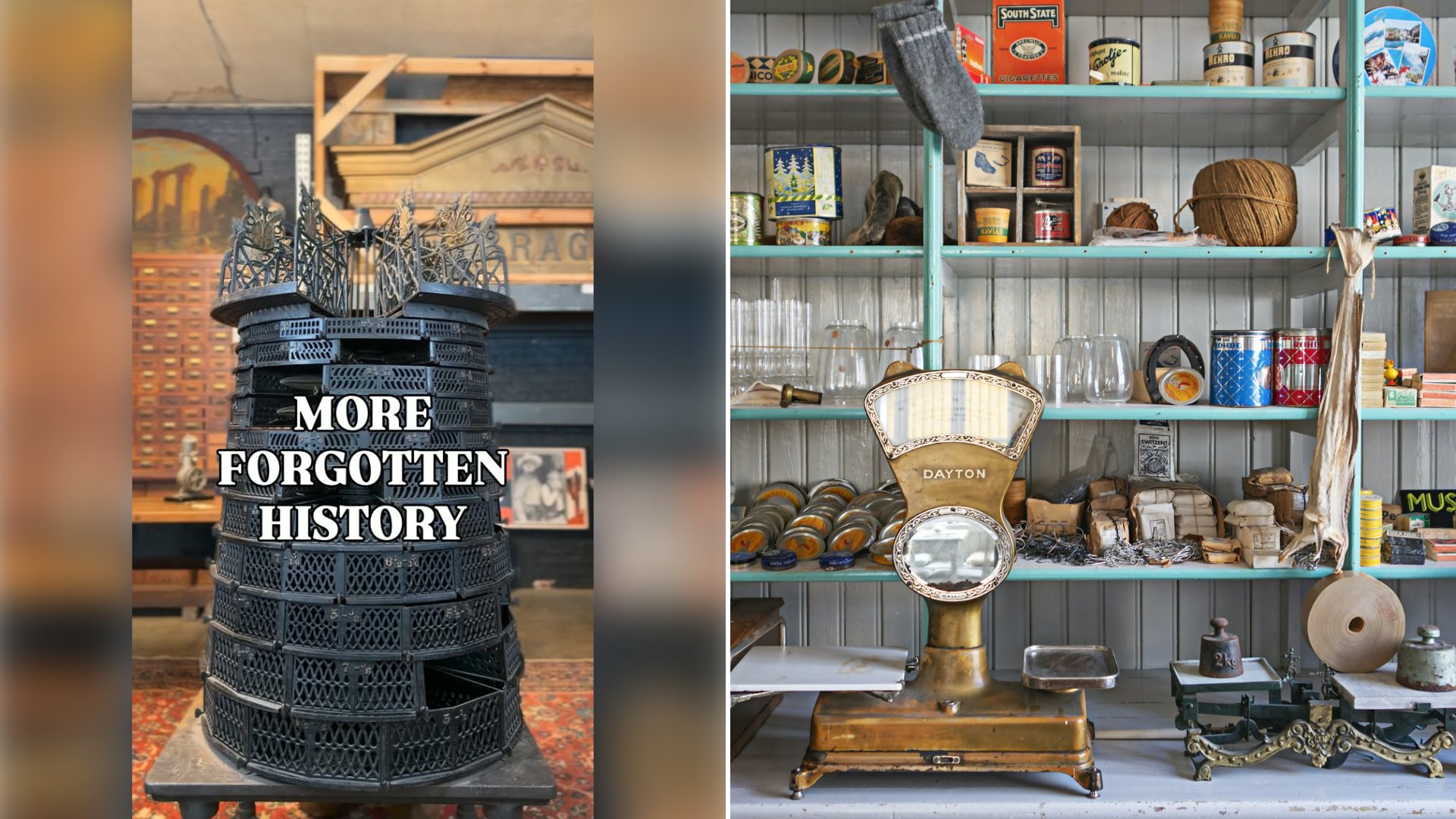 Left: cover still from an Instagram reel by @. Right: A room with shelves packed with assorted antique items (Unsplash photo by snap wander).