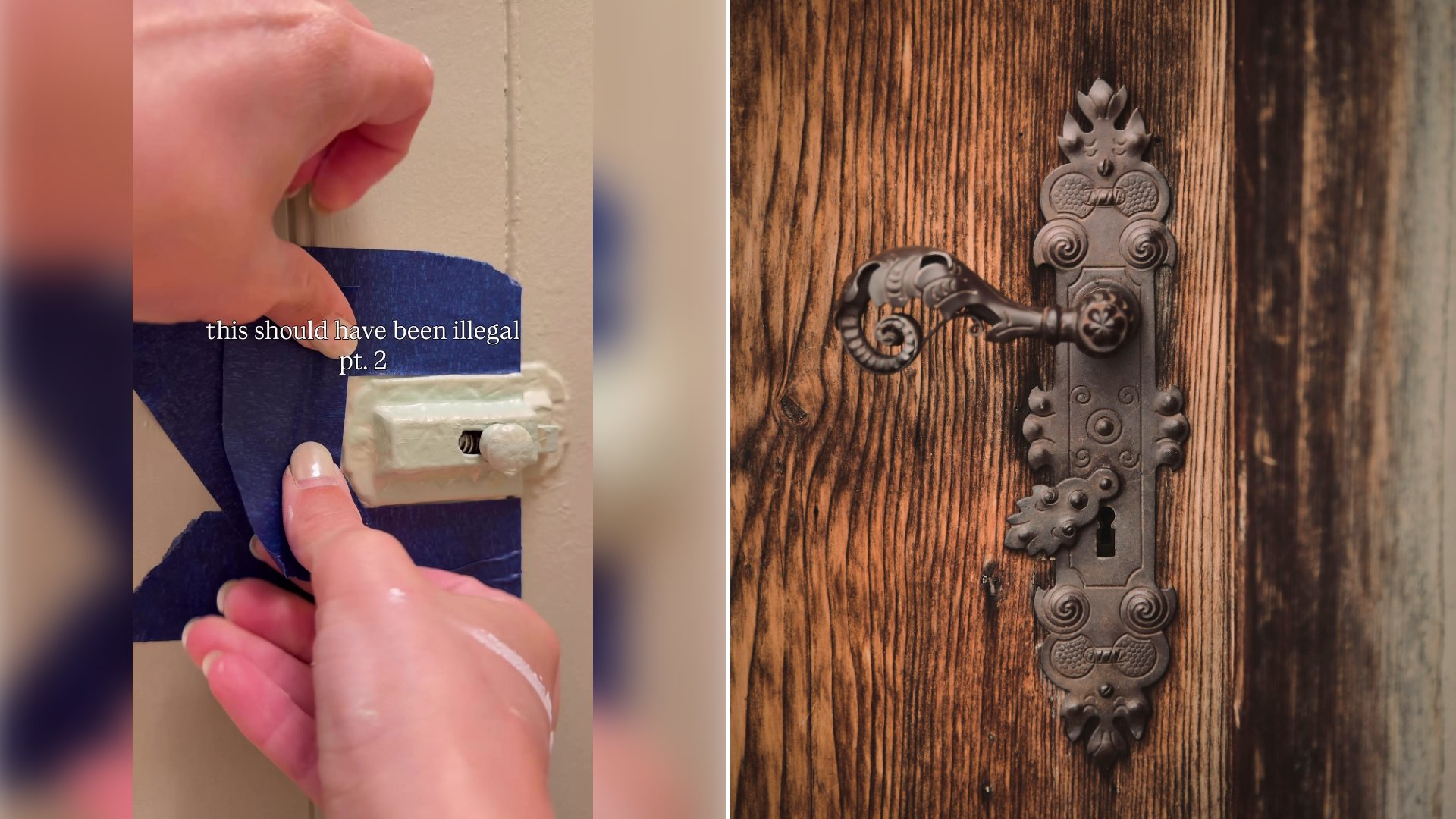 Left: cover still from a TikTok video by @hattiekolp. Right: A black metal door handle on a brown wooden door (Unsplash photo by Wolfgang Rottmann).