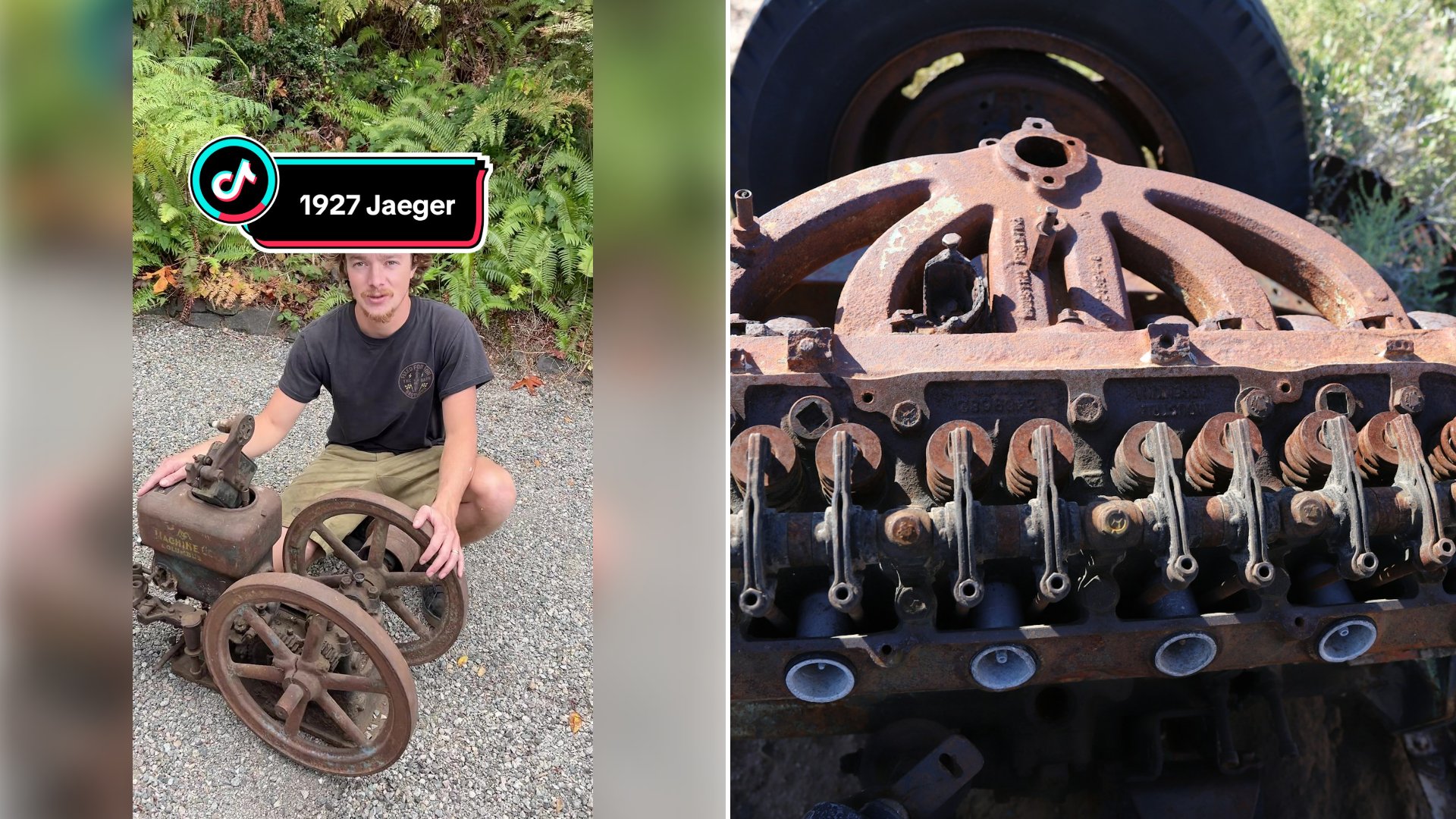 Left: cover still from a TikTok video by @thebarnbrothers. Right: A rusty old engine sitting abandoned on cracked, dry salt-desert ground (Unsplash photo by Natalia Bazyl).