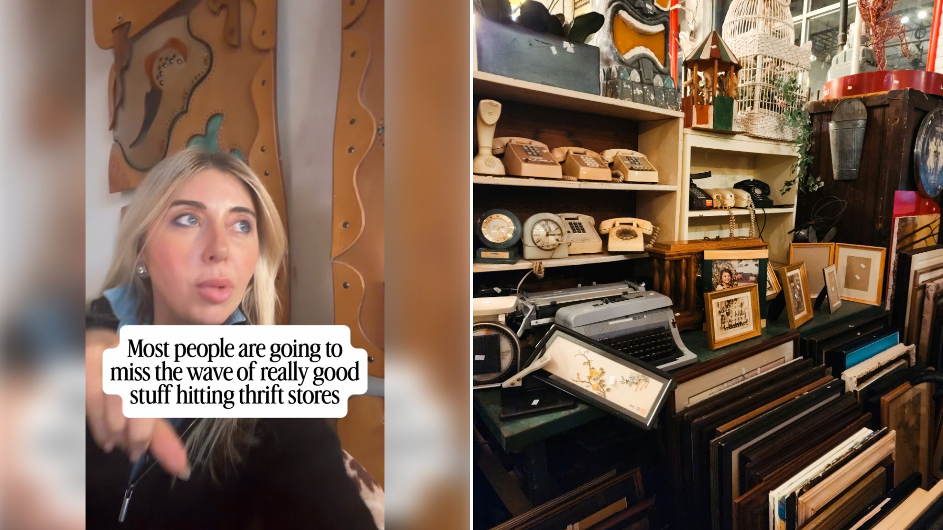 Left: cover still from an Instagram reel by @. Right: The packed interior of an antique store crowded with vintage furniture and knick-knacks (Unsplash photo by Zoshua Colah).
