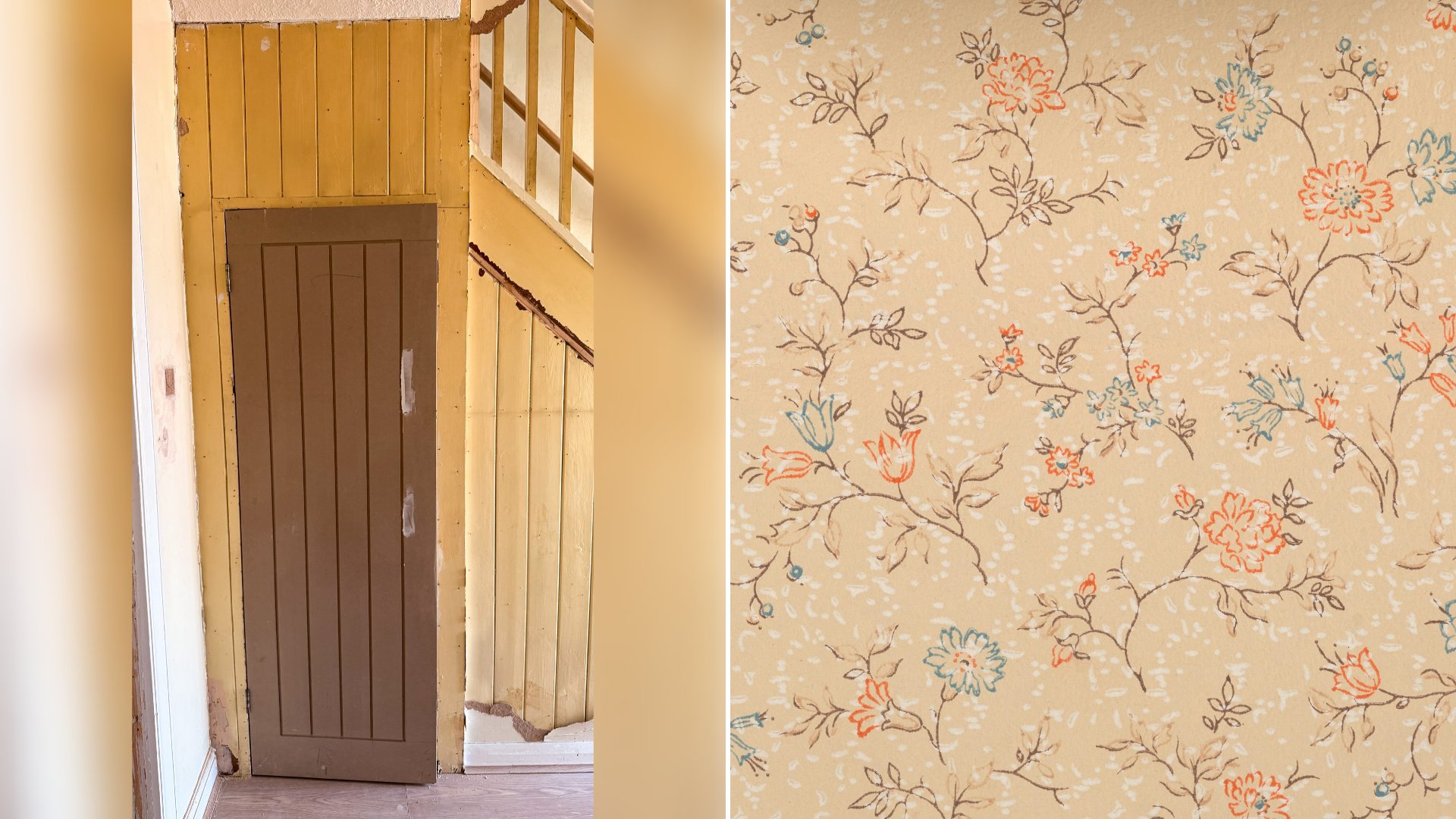 Left: cover still from an Instagram reel by @. Right: A vintage 1930s wallpaper sample with orange and blue flowers on a beige background (Unsplash photo by Museum of New Zealand Te Papa Tongarewa).