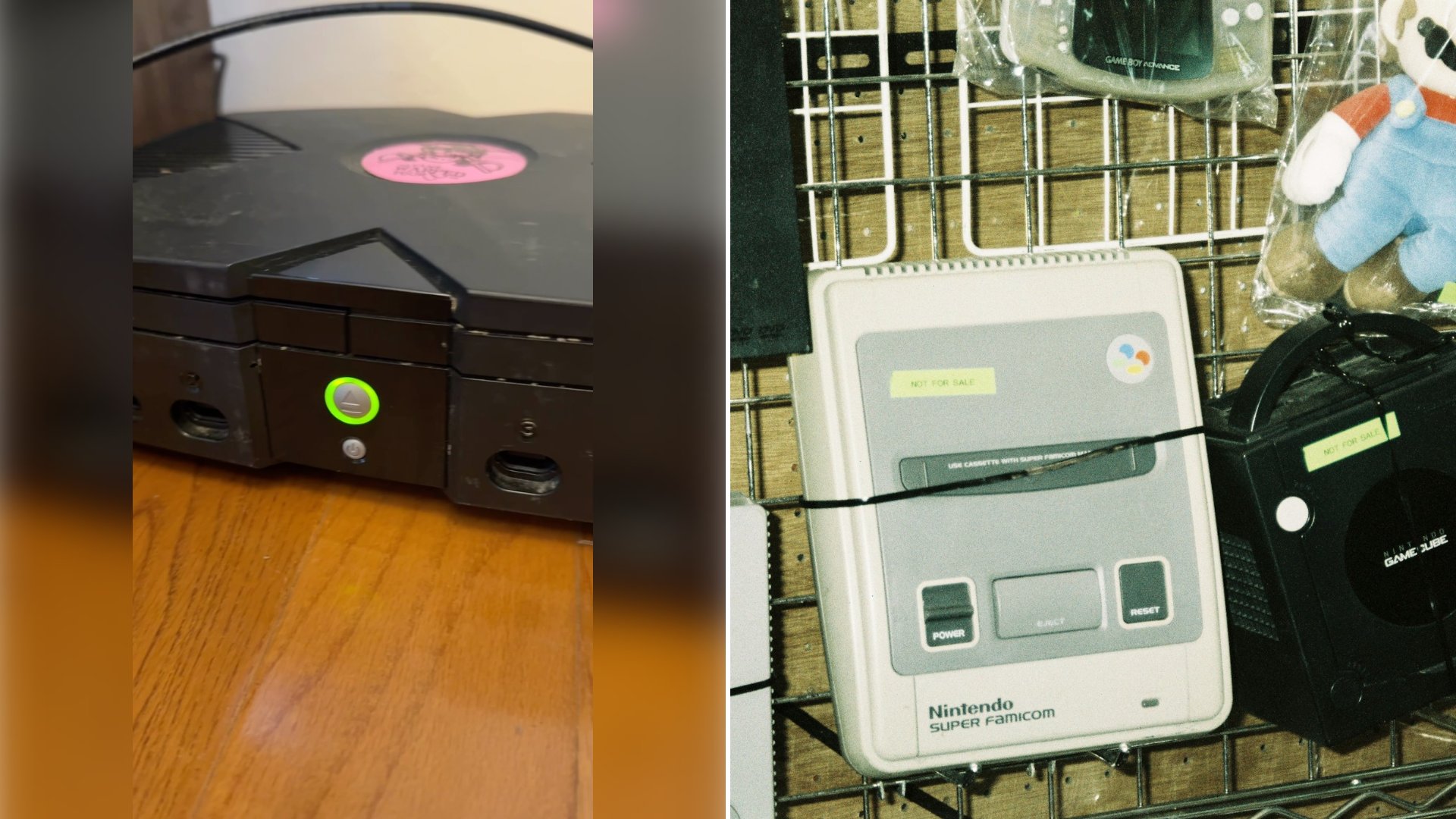 Left: cover still from an Instagram reel by @. Right: Retro video game consoles and a Mario plush arranged on display (Unsplash photo by Eddie Nguyen).