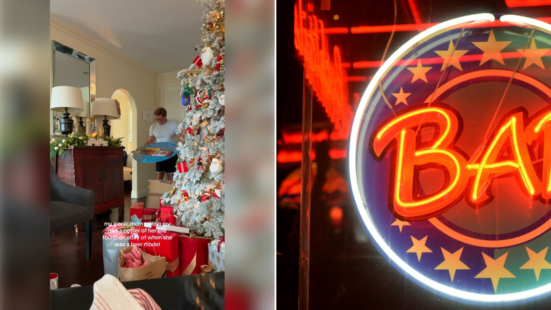 Left: cover still from an Instagram reel by @. Right: An illuminated sign hanging in a bar (Unsplash photo by Naseem Buras).