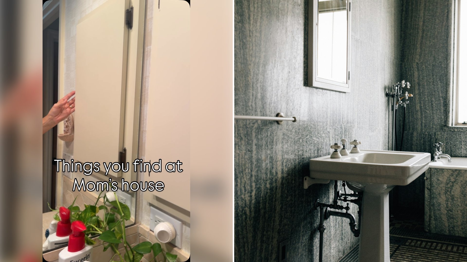 Left: cover still from an Instagram reel by @. Right: A vintage bathroom with a pedestal sink and a bathtub (Unsplash photo by Tsuyoshi Kozu).