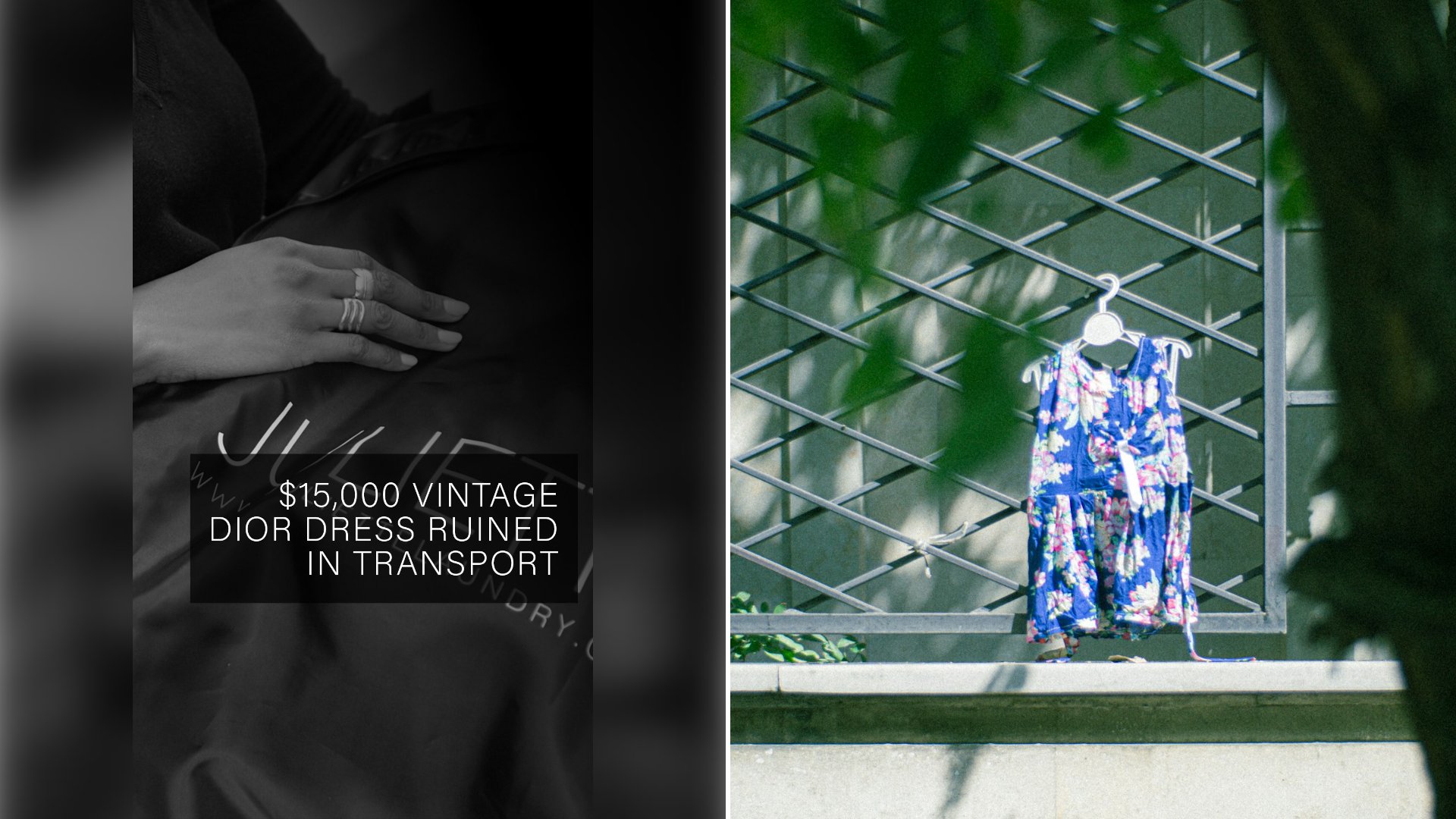 Left: cover still from an Instagram reel by @. Right: A blue floral summer dress hanging on a rack outdoors (Unsplash photo by mdreza jalali).
