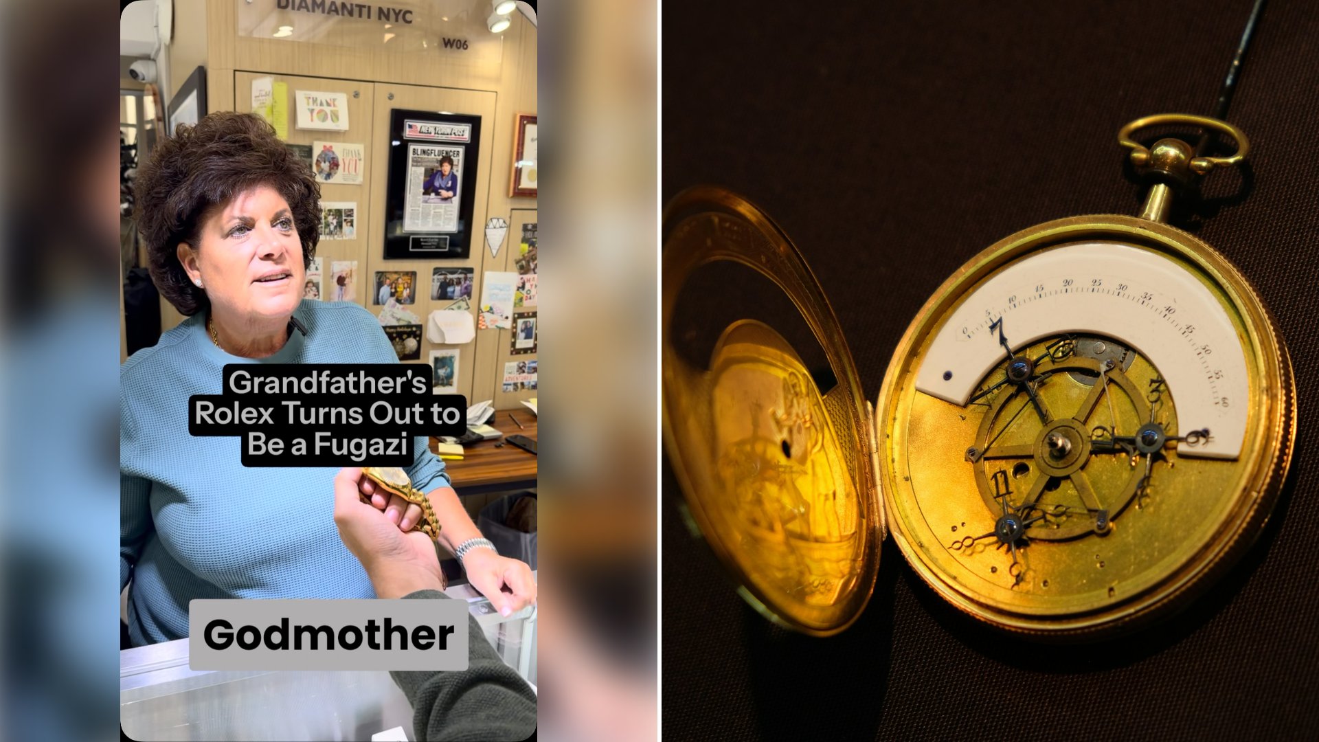Left: cover still from an Instagram reel by @. Right: An open gold pocket watch showing its mechanical movement and white dial (Unsplash photo by Spencer Liao).