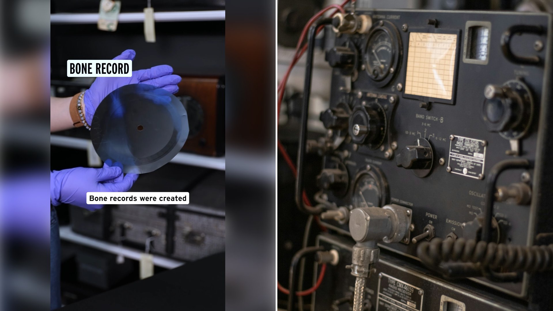 Left: cover still from an Instagram reel by @. Right: A close-up of an old radio transmitter with many wires (Unsplash photo by Sven Verweij).