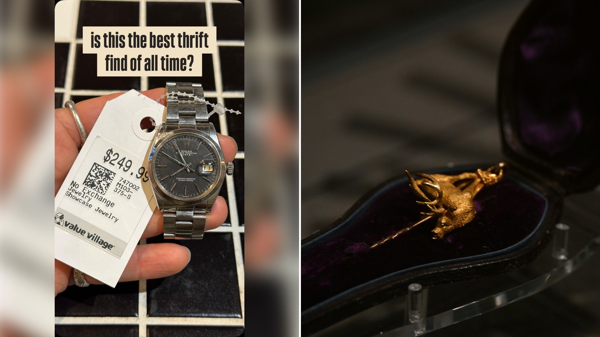 Left: cover still from an Instagram reel by @. Right: A gold stag brooch resting inside a dark velvet-lined jewelry case (Unsplash photo by Jiayou Teng).