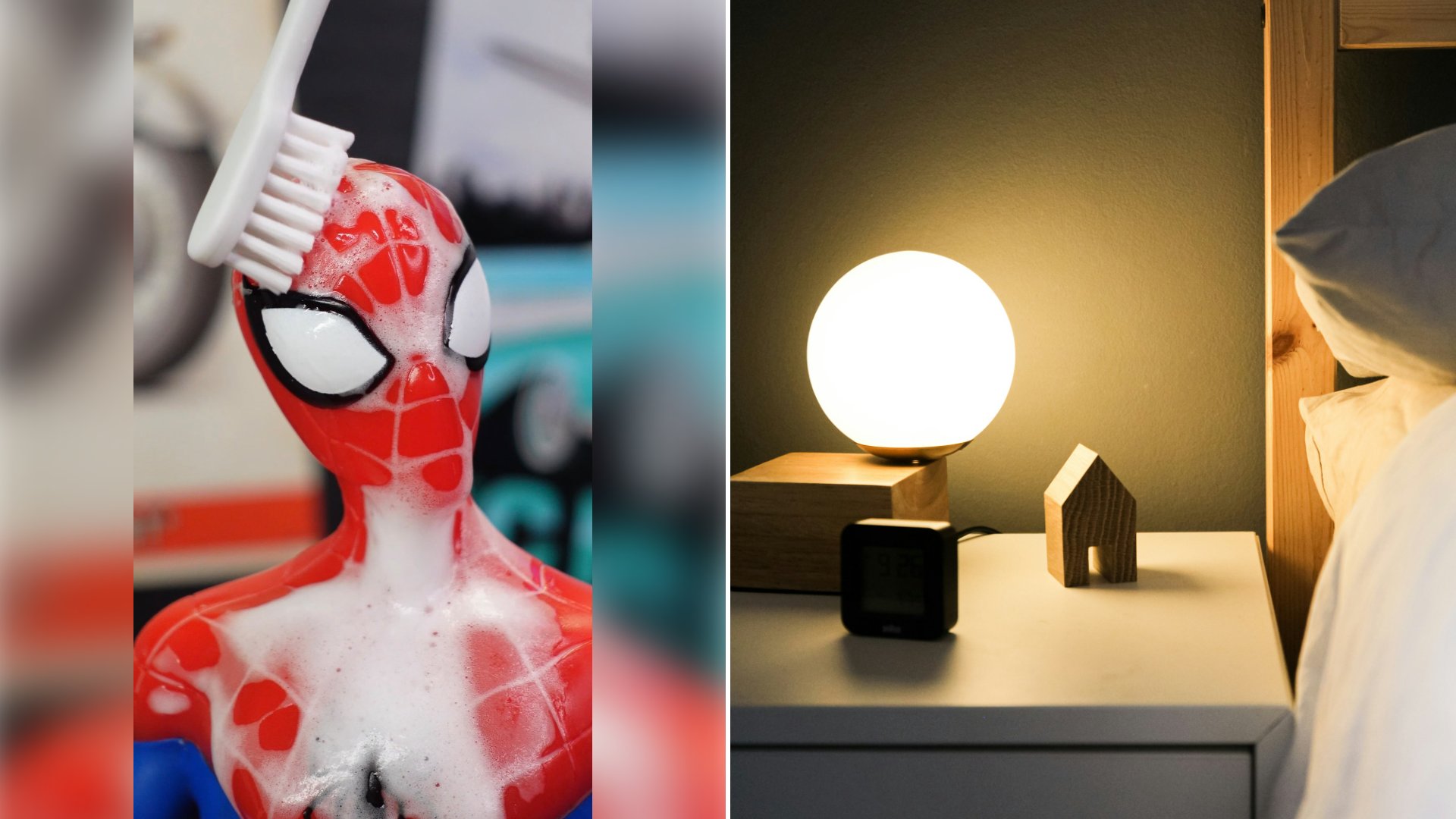 Left: cover still from an Instagram reel by @. Right: A glowing globe lamp, a small wooden house and a digital clock on a nightstand (Unsplash photo by Julia).