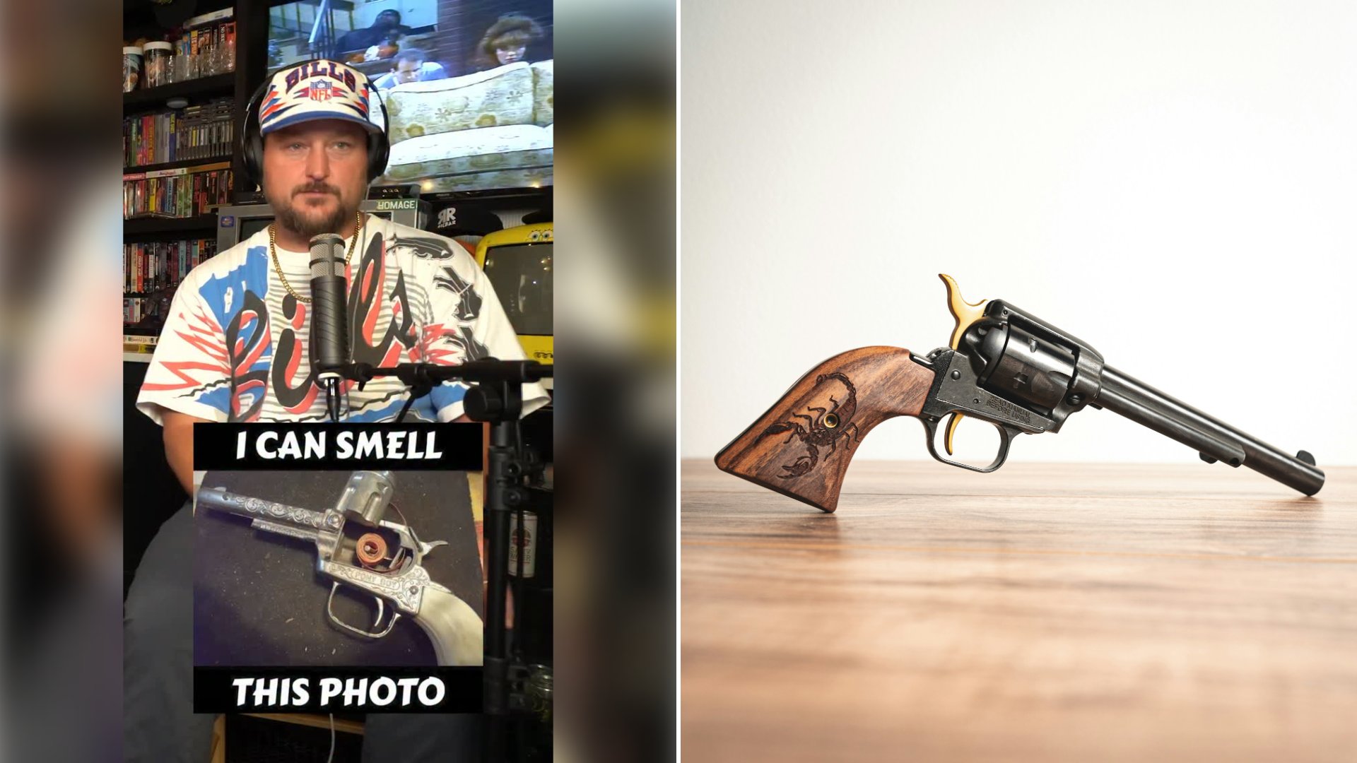Left: cover still from an Instagram reel by @. Right: An old-west style revolver with brown grips (Unsplash photo by Luis Domenech).