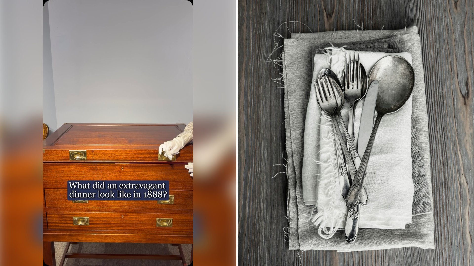Left: cover still from an Instagram reel by @. Right: Vintage silverware laid out on linen napkins (Unsplash photo by Debby Hudson).