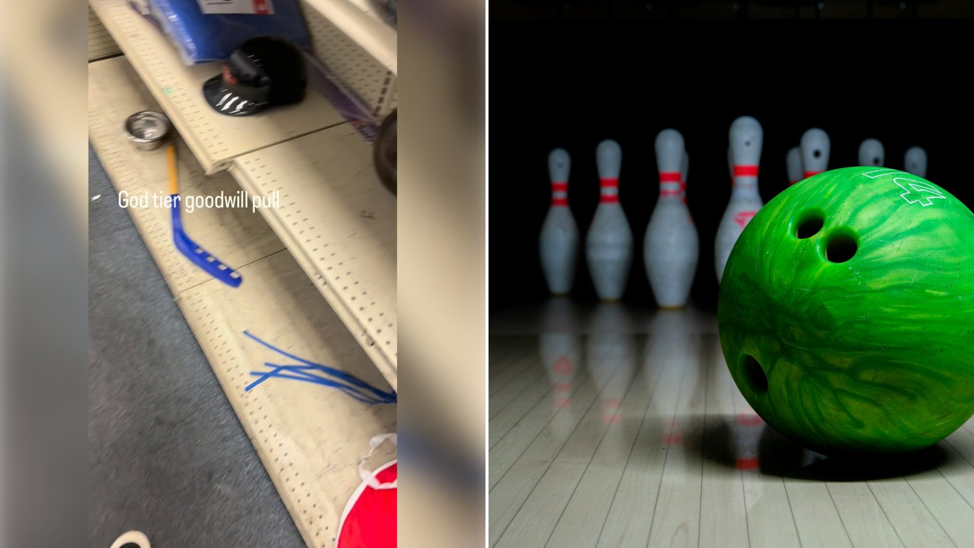 Left: cover still from an Instagram reel by @. Right: A green bowling ball on a wooden bowling lane with white pins (Unsplash photo by engin akyurt).