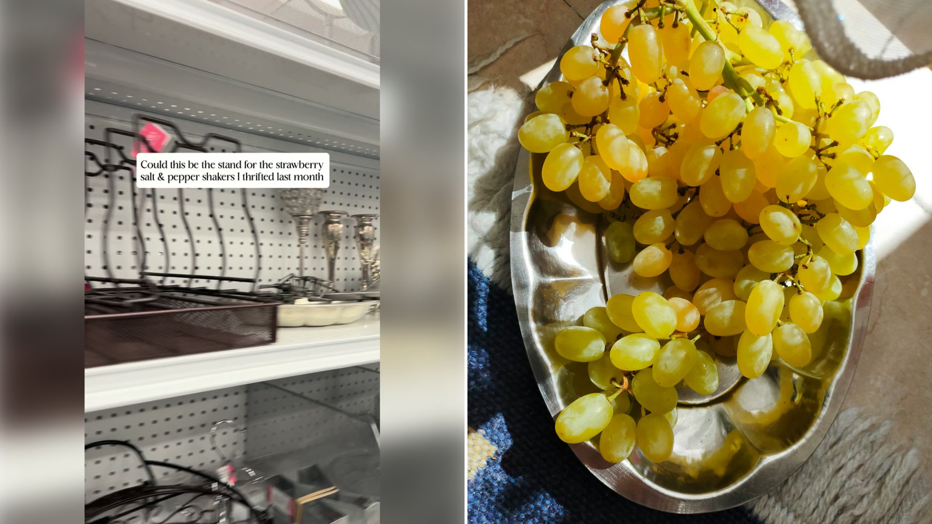 Left: cover still from an Instagram reel by @. Right: A metal bowl filled with grapes on a table (Unsplash photo by Neon Neona).