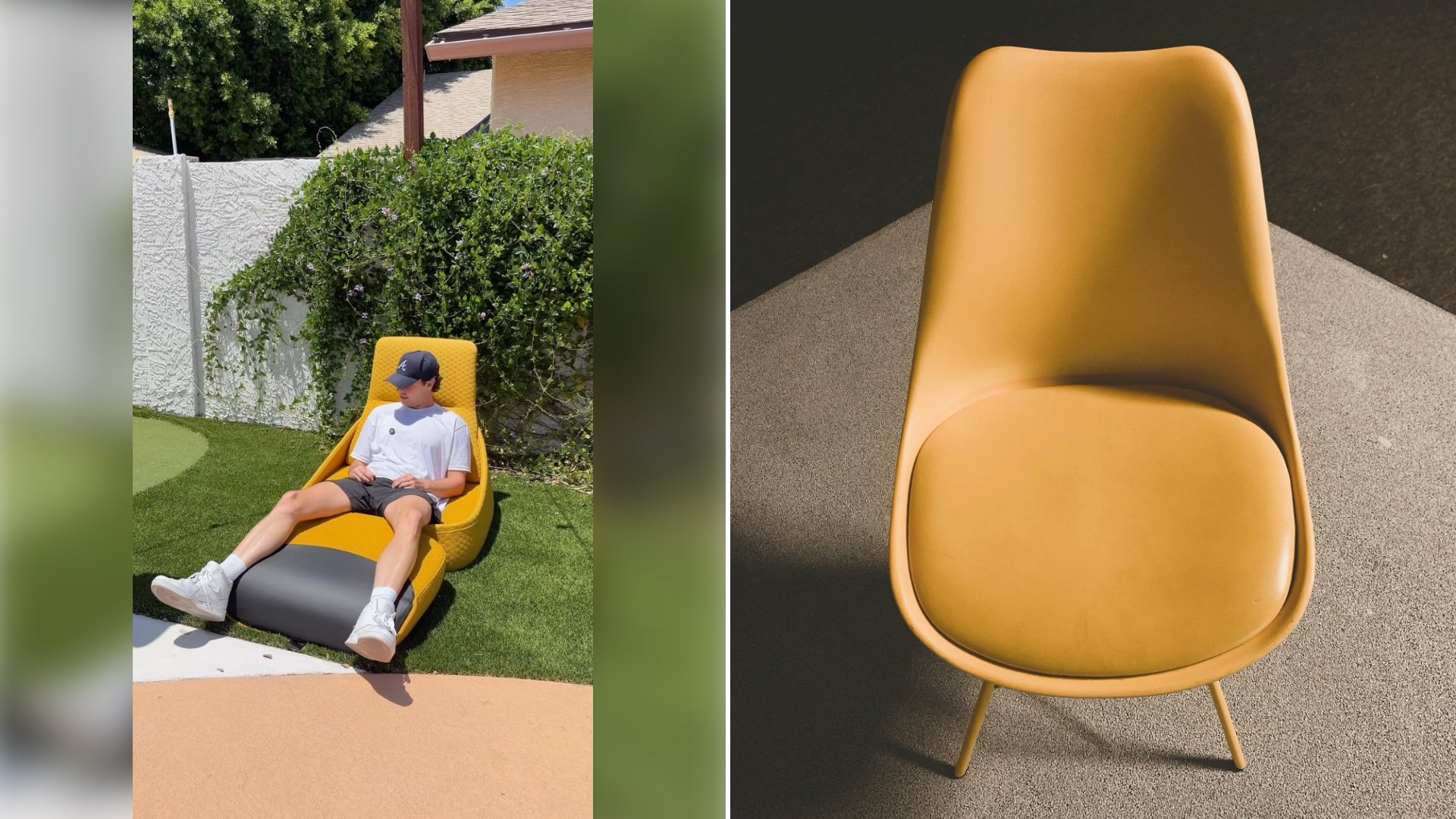 Left: cover still from an Instagram reel by @. Right: A single yellow chair sitting on a carpeted floor (Unsplash photo by David Underland).
