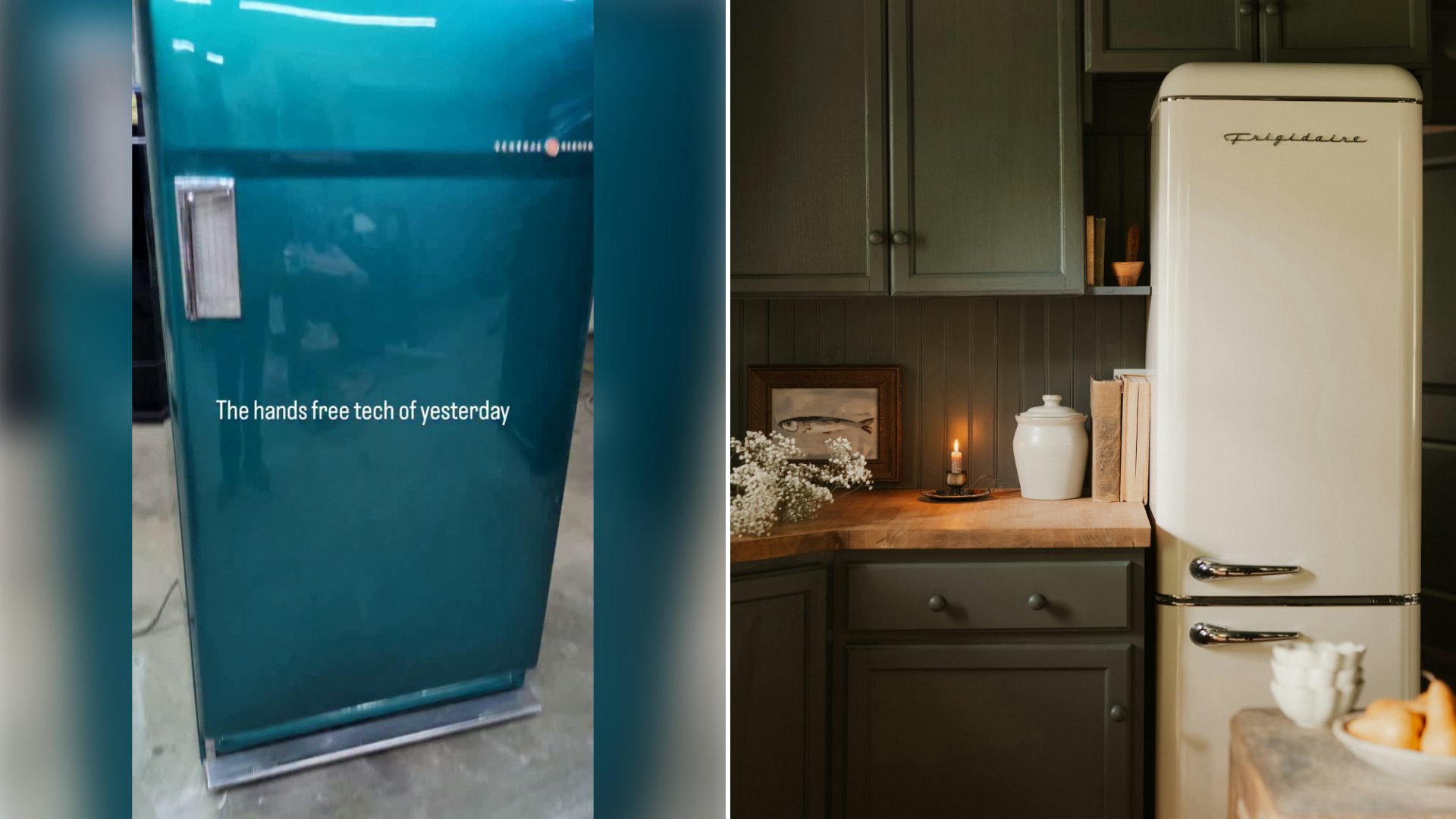 Left: cover still from an Instagram reel by @. Right: A cream retro refrigerator beside dark green cabinets and a wooden countertop (Unsplash photo by Clay Banks).