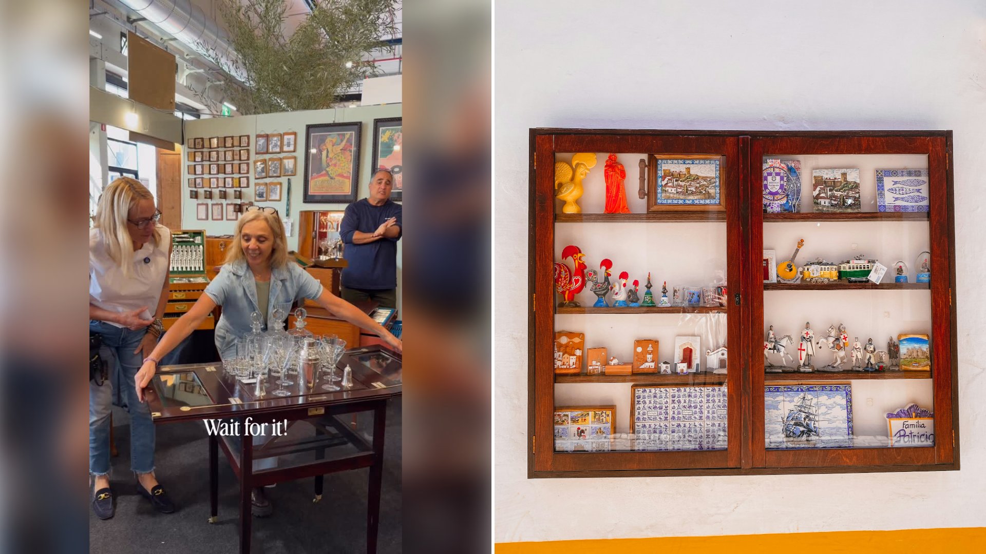 Two Women Shopping at Parma Flip Open the Glass Lids on a Dark Wood Drinks Cart and Find Glasses, Decanters and a Cocktail Shaker Waiting Inside
