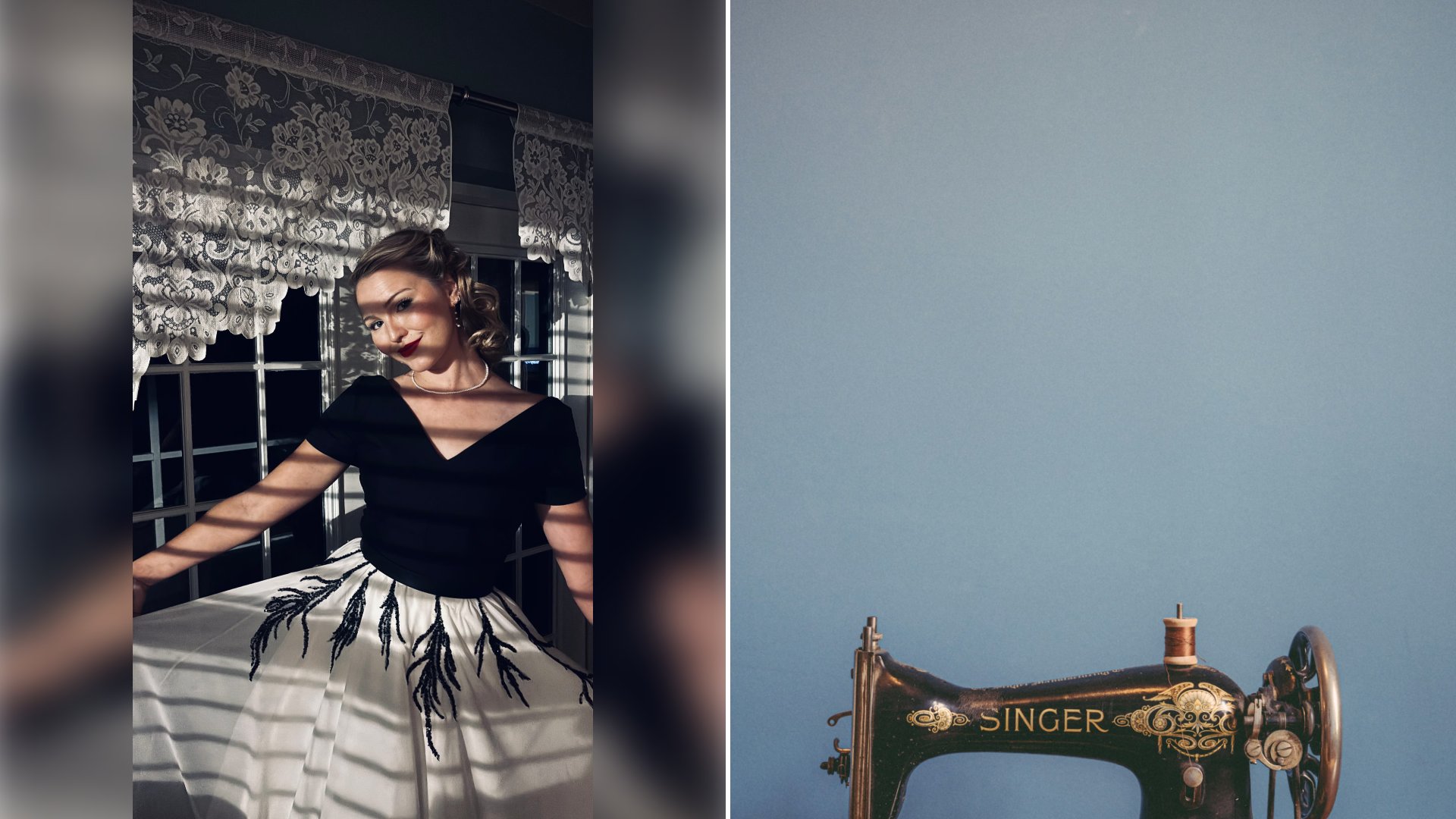 Sewing Creator Makes the Grace Kelly Rear Window Dress From an Edith Head Design, Adding Black Beaded Leaf Appliques to a White Skirt for Her September Dress Project
