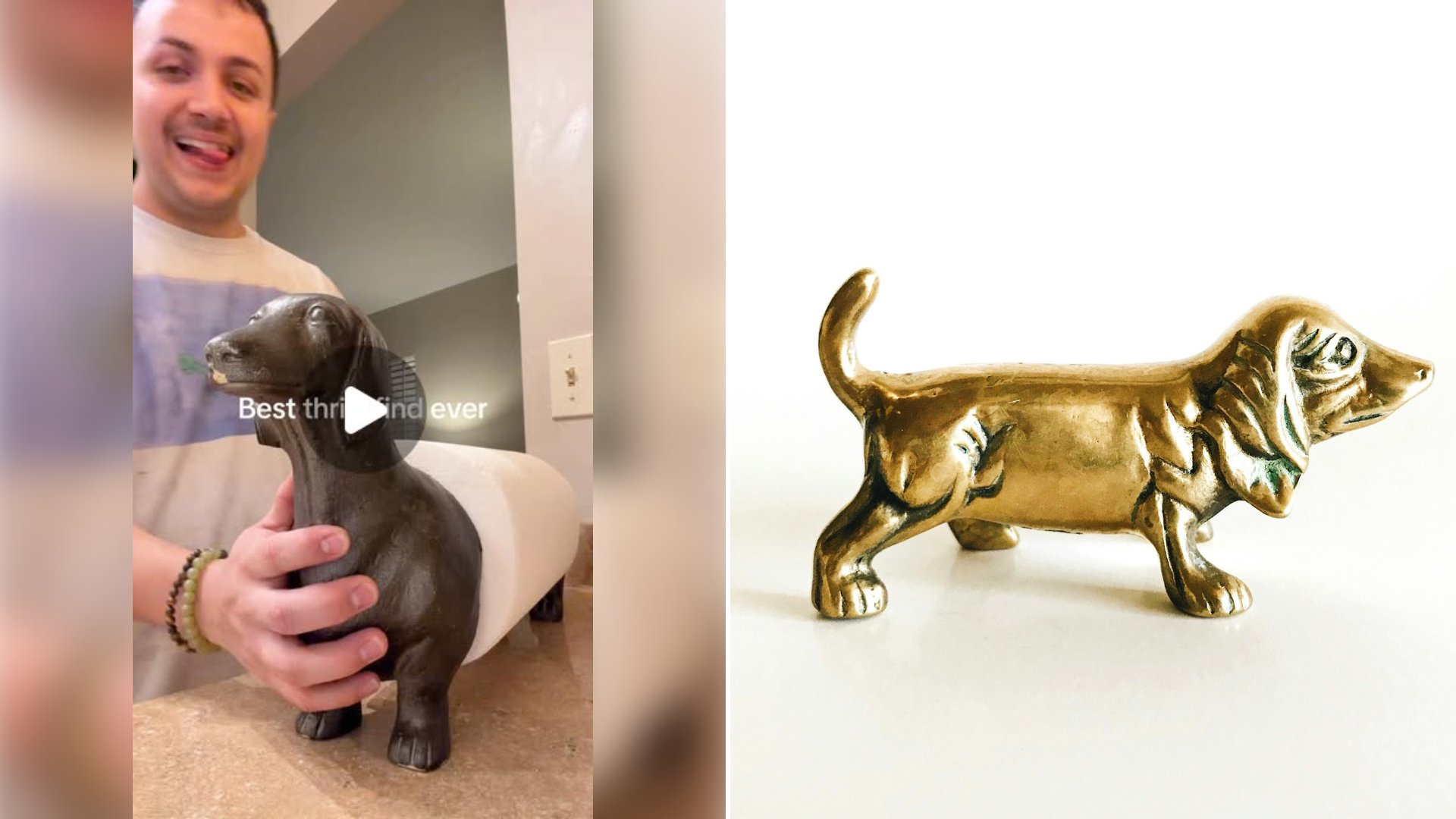 Thrifter Picked Up a Bizarre Dachshund Shaped Paper Towel Holder for Pocket Change and Insists the Little Ceramic Dog Is Basically a Spitting Image of Her Own Real Pet Waiting Back Home