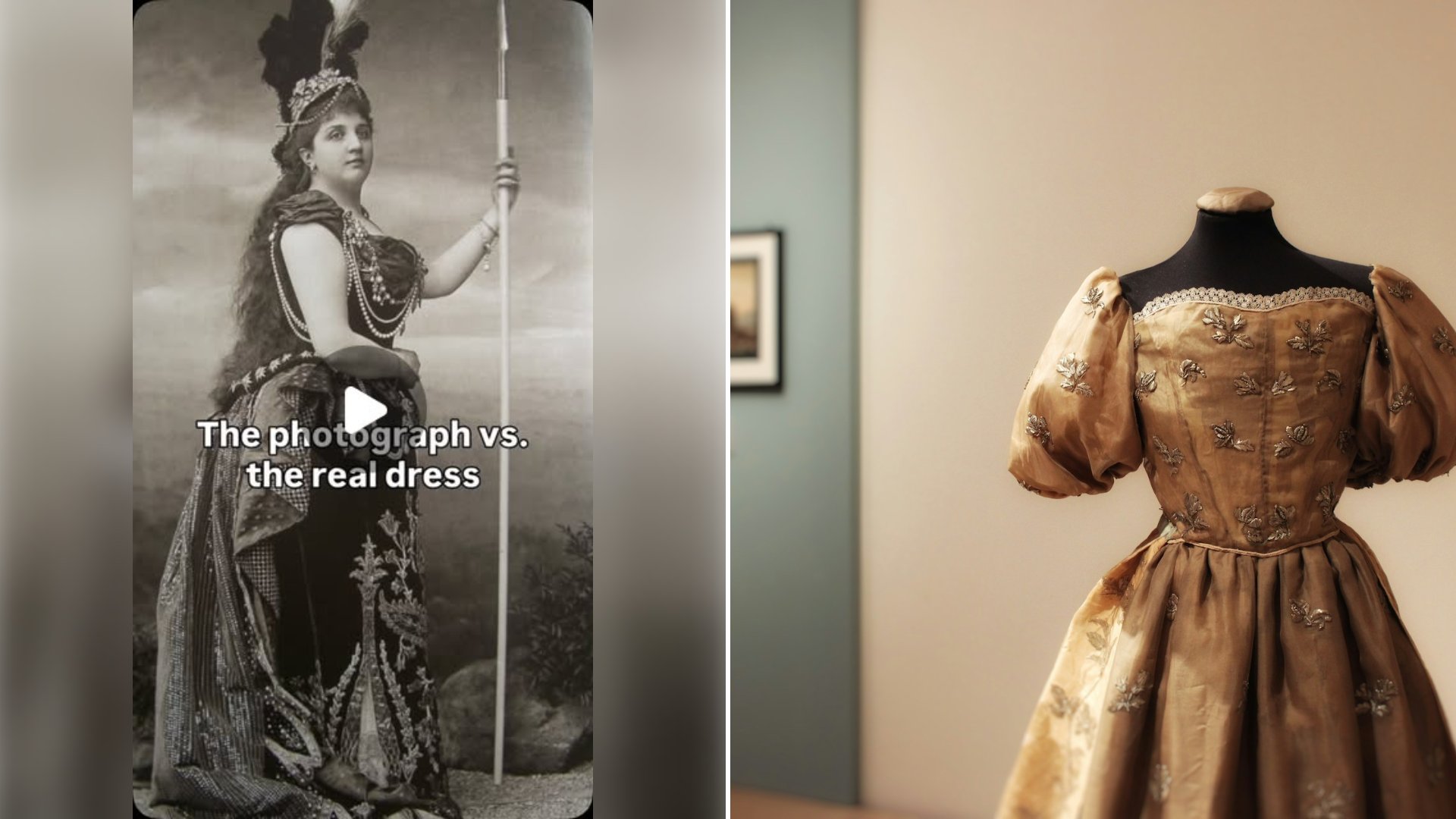 Fashion historian placed a faded black and white photo of a glamorous Parisian society hostess right next to the actual preserved gown from that same photograph, now sitting in a museum display case a century later