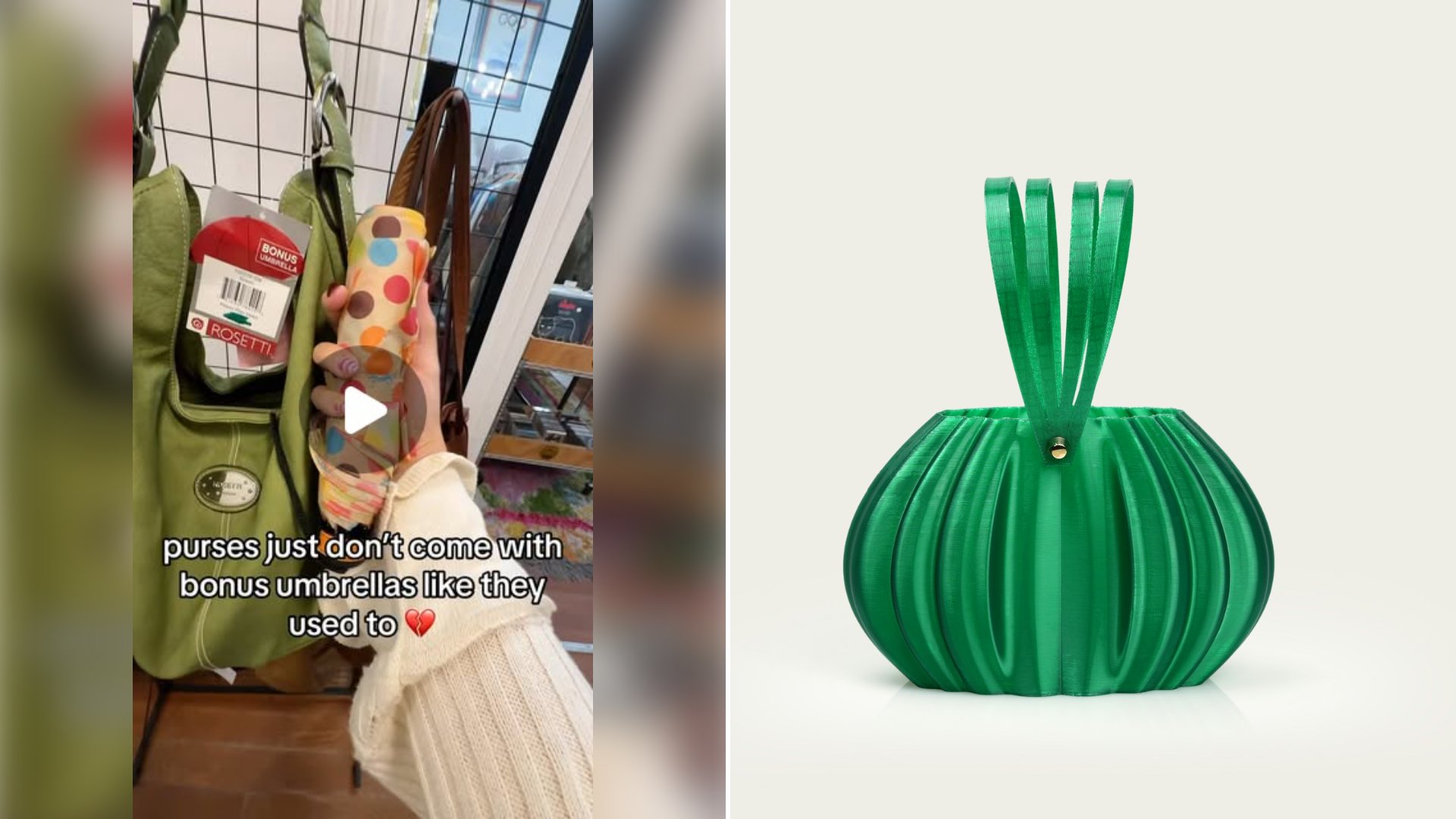 Left: cover still from an Instagram reel by @dingbaats. Right: A green pleated clutch bag with a handle (Unsplash photo by GLOBALDSIO IT SOLUTION).