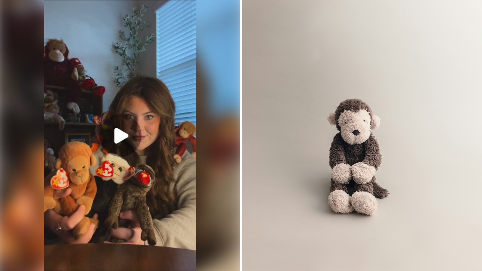 Left: cover still from an Instagram reel by @monkeygirlbrooke. Right: A stuffed monkey toy sitting on a white surface (Unsplash photo by Hiroshi Kimura).