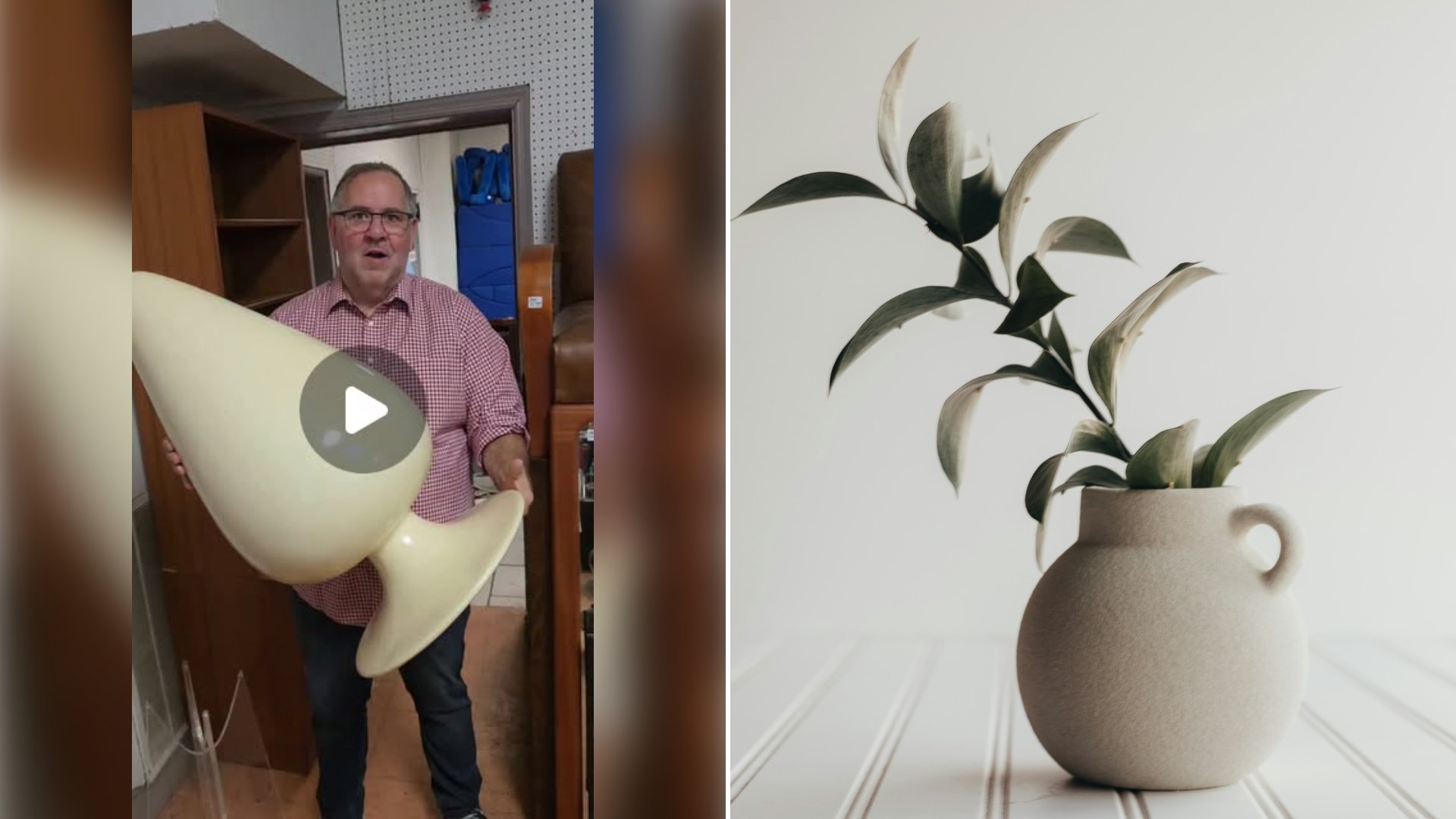 Left: cover still from an Instagram reel by @salesbyhelen. Right: A white ceramic vase holding a plant (Unsplash photo by Sixteen Miles Out).