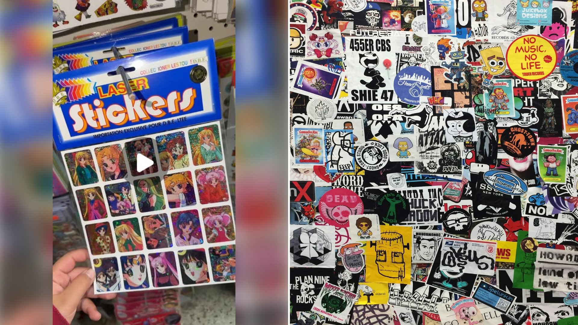 Left: cover still from an Instagram reel by @swaggheaven. Right: A wall covered with assorted stickers (Unsplash photo by Marc Newberry).