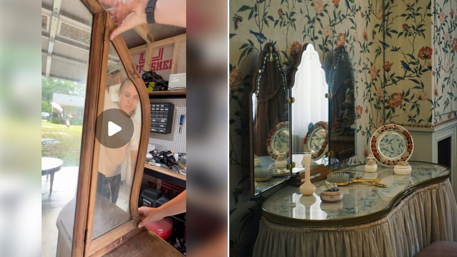 Left: cover still from an Instagram reel by @roserestorations_atl. Right: An antique vanity table with a mirror in front of floral wallpaper (Unsplash photo by mdreza jalali).