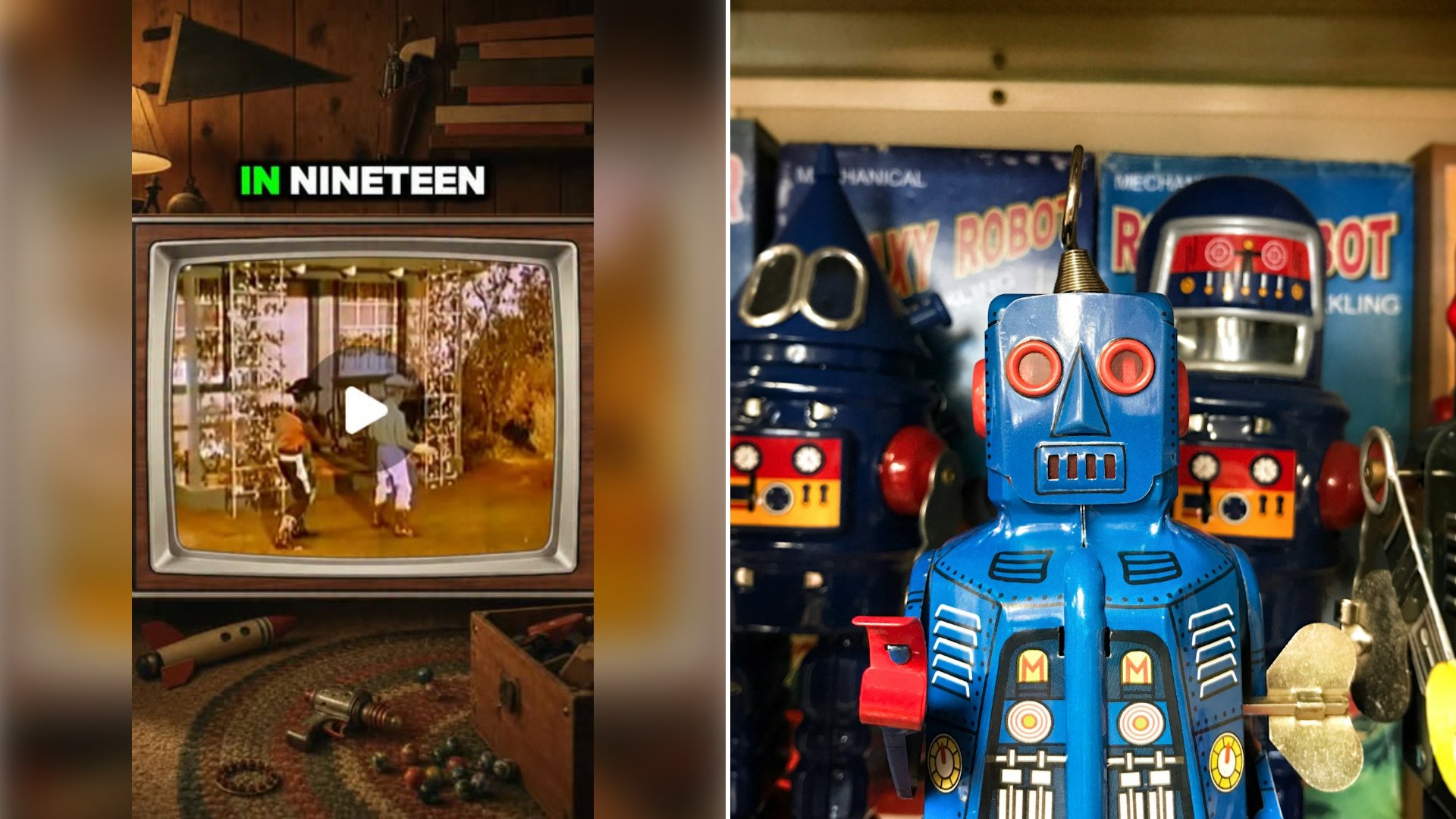 Left: cover still from an Instagram reel by @retrolayers. Right: Blue and black toy robot figurines displayed at a collectible toy store (Unsplash photo by Craig Sybert).