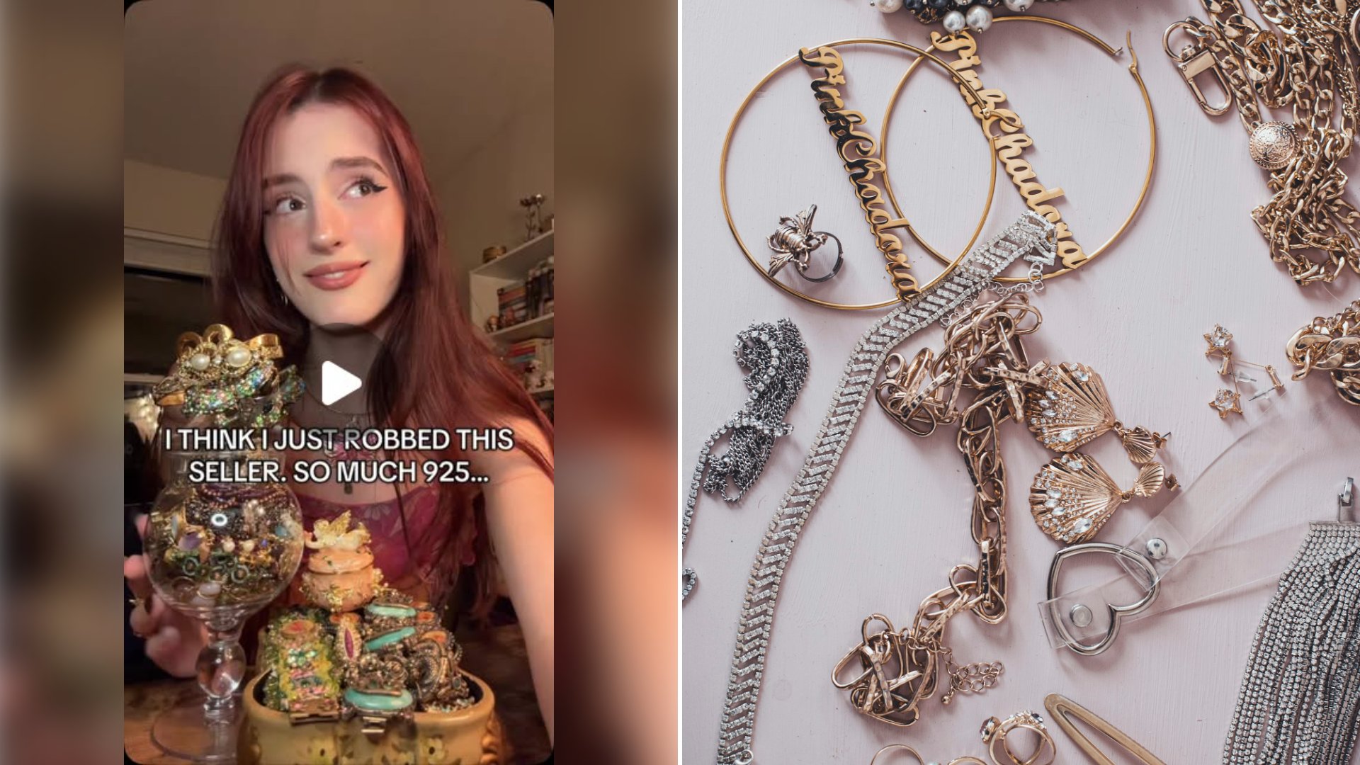 Left: cover still from an Instagram reel by @raquellnelsonn. Right: A collection of gold and silver jewelry including necklaces, earrings and rings (Unsplash photo by Martin de Arriba).