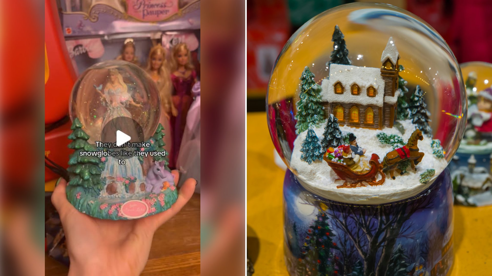 Left: cover still from an Instagram reel by @thecurious.collector. Right: A snow globe sitting on a table at a Christmas market (Unsplash photo by Georg Eiermann).