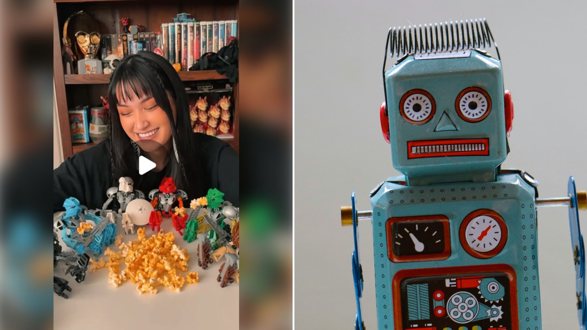 Left: cover still from an Instagram reel by @pixelatederica. Right: A small blue plastic robot toy (Unsplash photo by Emilipothèse).