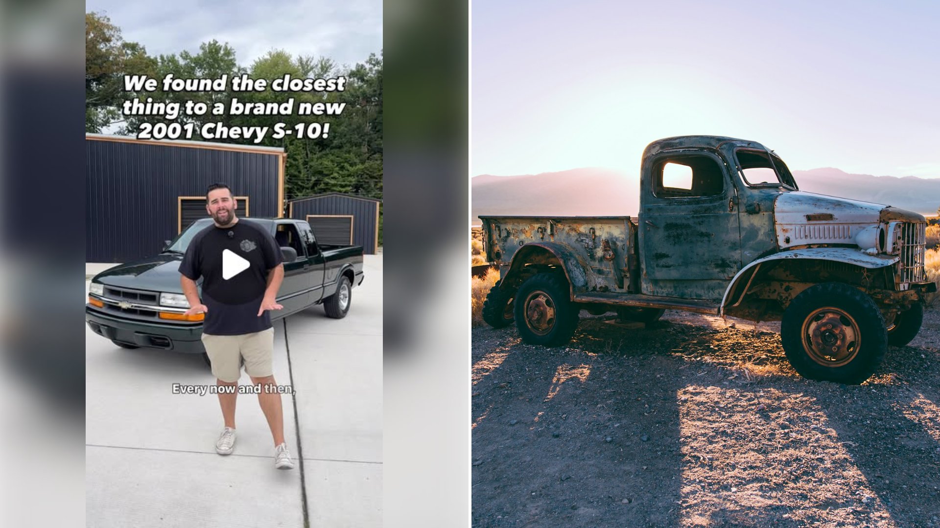 Left: cover still from an Instagram reel by @lowmilesnomiles. Right: A gray single-cab vintage pickup truck sitting on a farm (Unsplash photo by Ash Edmonds).