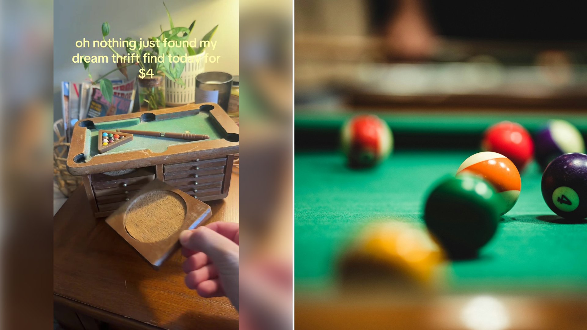Left: cover still from a TikTok video by @cumeelcuhnova. Right: Billiard balls on a green felt billiard table (Unsplash photo by Joey Genovese).