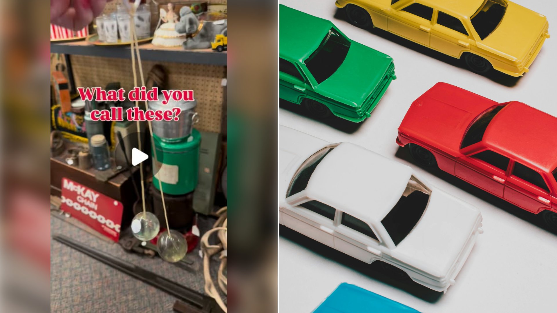 Left: cover still from an Instagram reel by @part.time.pickers. Right: Colorful retro plastic toys arranged on a white background (Unsplash photo by Girl with red hat).