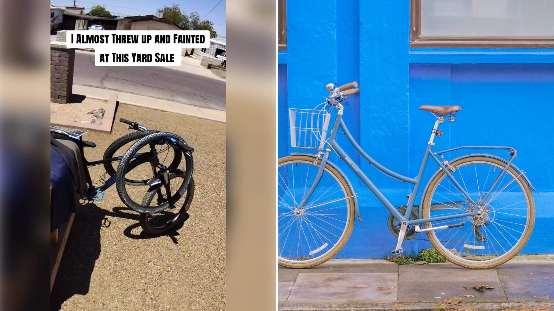 Left: cover still from a TikTok video by @yardsalehippie2. Right: A blue city bike parked beside a blue painted wall (Unsplash photo by Liza Pooor).