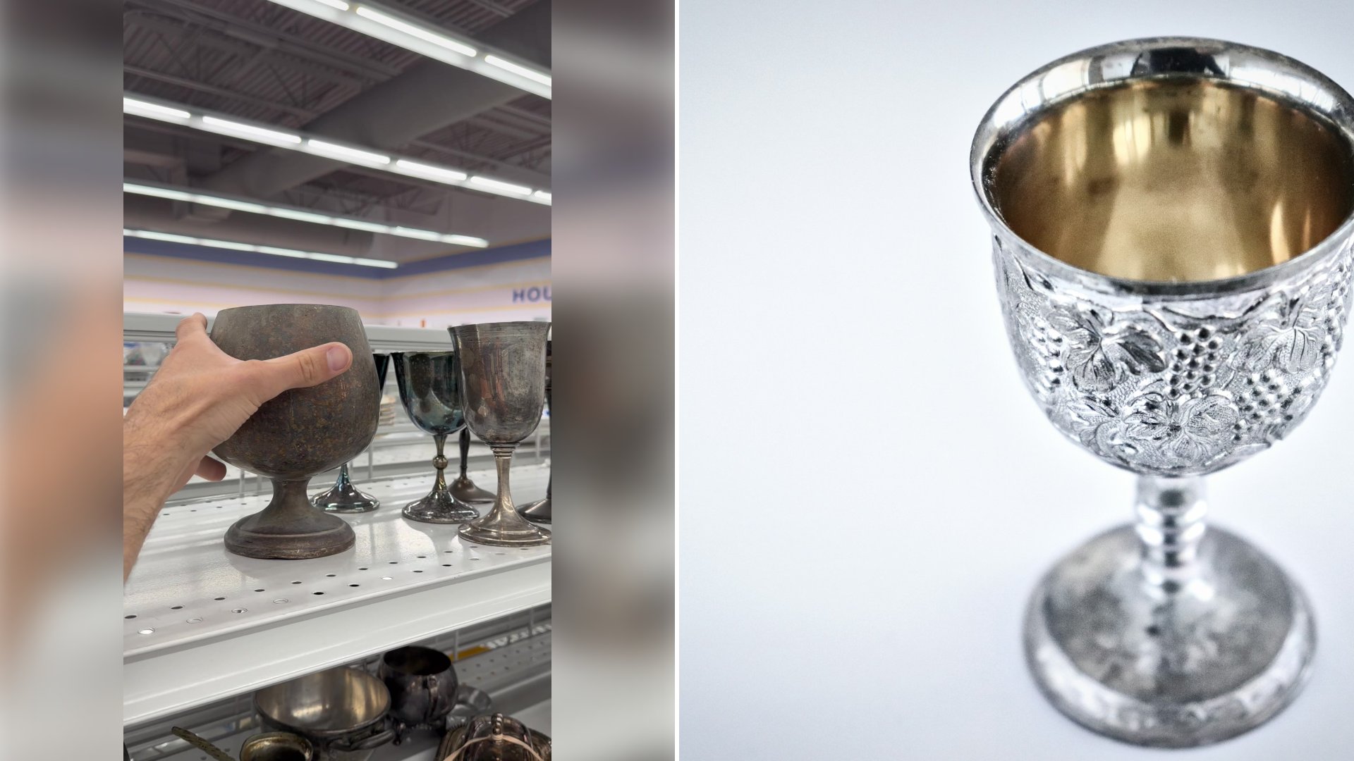 Left: cover still from a TikTok video by @crazyclean01. Right: A silver and gold goblet sitting on a table (Unsplash photo by Michele Wales).