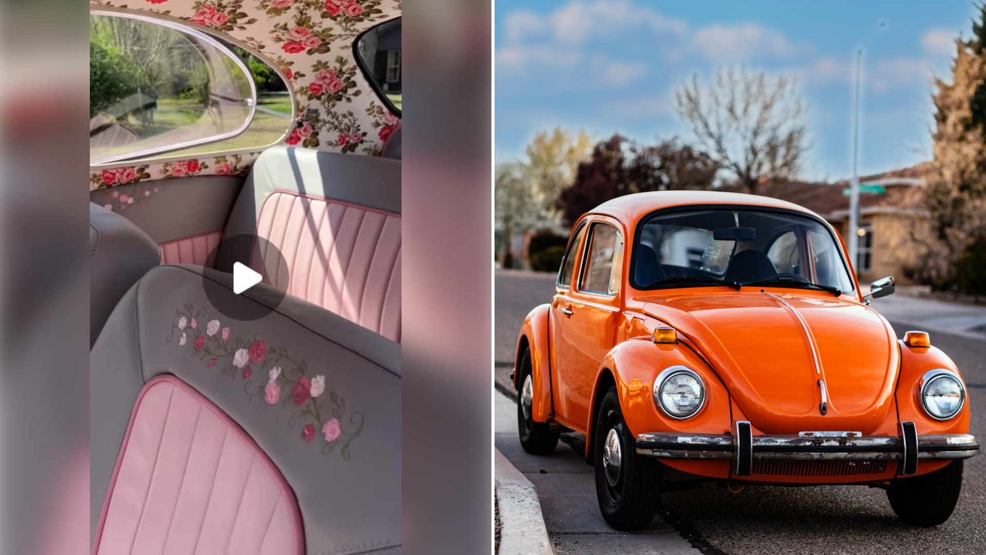Left: cover still from an Instagram reel by @metalmorphosiscars. Right: A bright orange vintage Volkswagen Beetle parked roadside (Unsplash photo by Adam Baney).