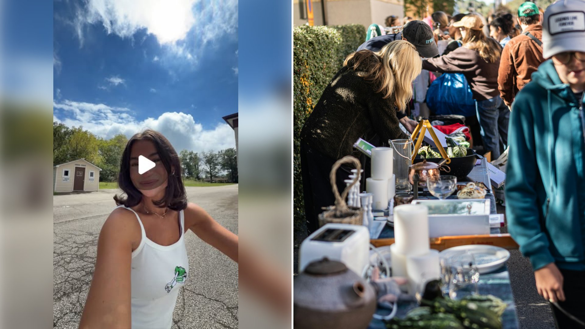 Left: cover still from an Instagram reel by @emorypepper_. Right: A table of household goods at an outdoor flea market with shoppers browsing (Unsplash photo by Carl Tronders).
