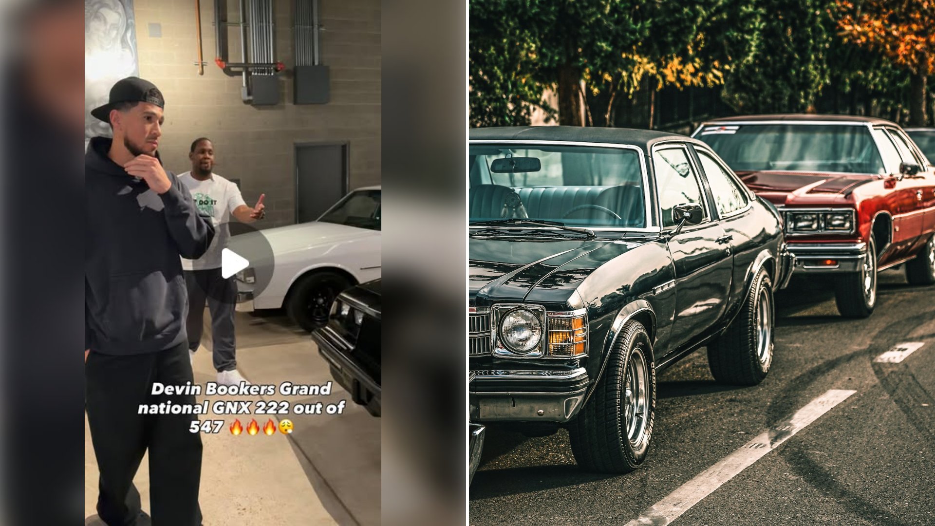 Left: cover still from an Instagram reel by @mr.gotdamnit_. Right: A black American muscle car coupe parked outdoors (Unsplash photo by Ali Moharami).