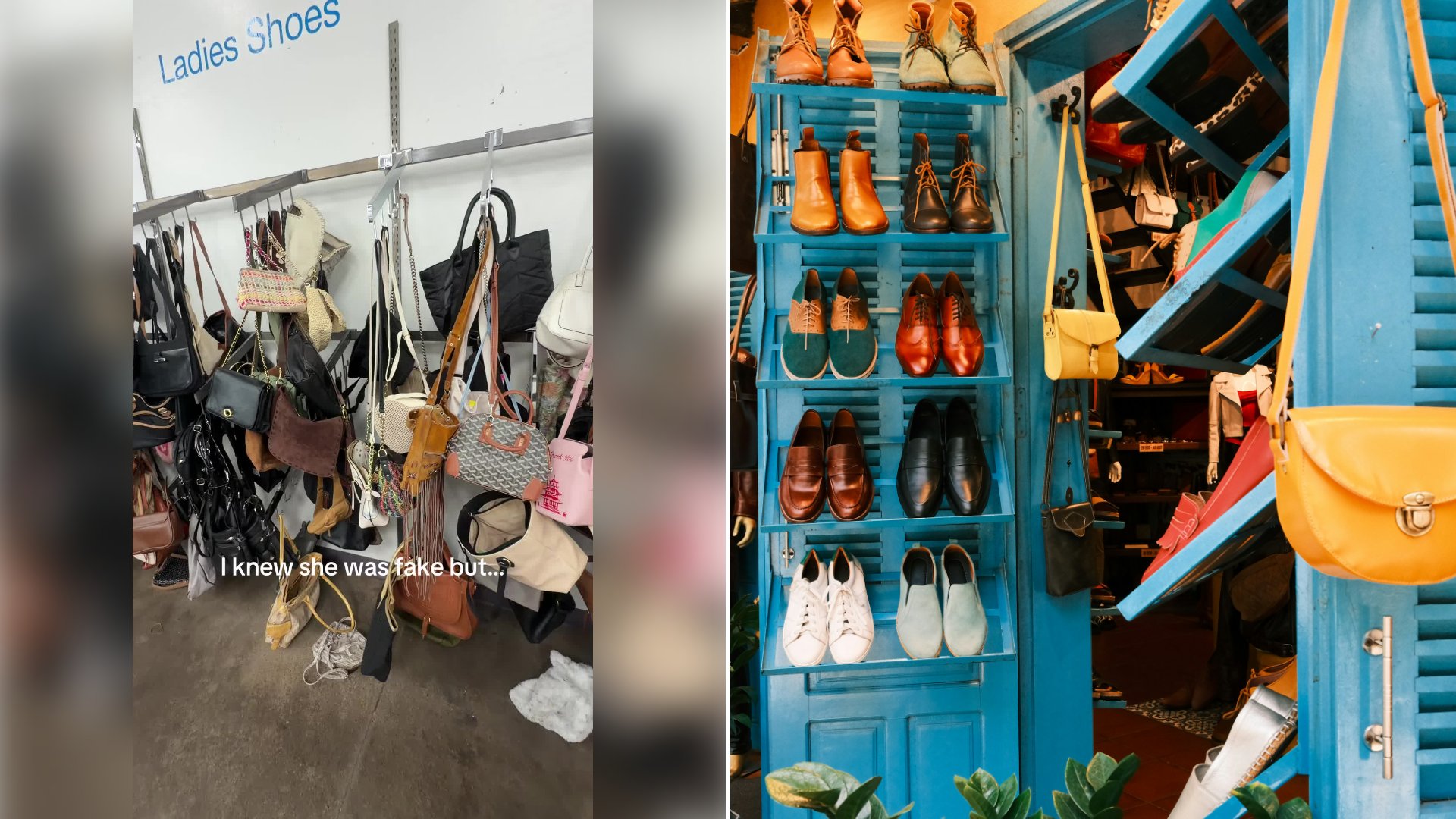 Left: cover still from a TikTok video by @secondhandselection. Right: Colorful shoes and yellow handbags displayed on blue shelves (Unsplash photo by Raathi Kugan).