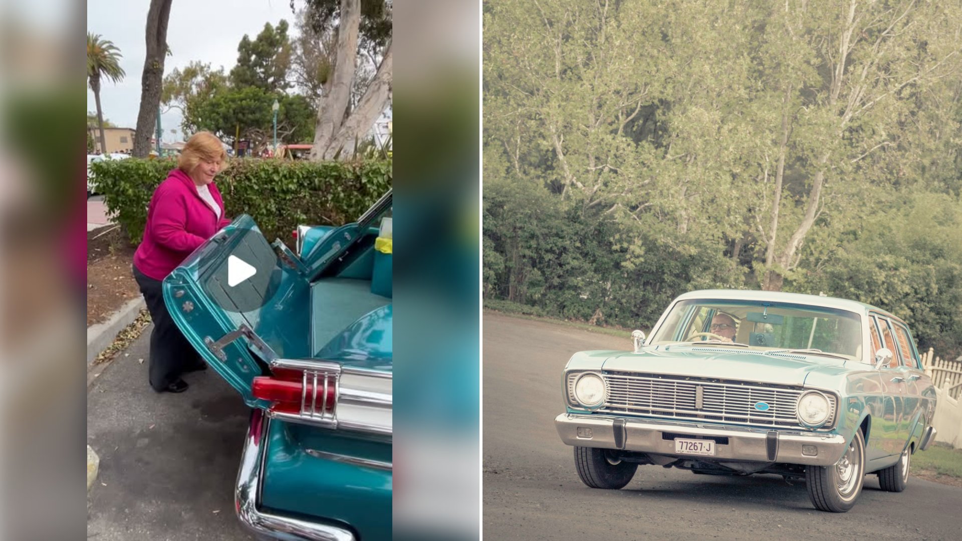 Left: cover still from an Instagram reel by @bettyzwithchevyz. Right: A vintage light blue station wagon on a road (Unsplash photo by Adam Skrinnikoff).