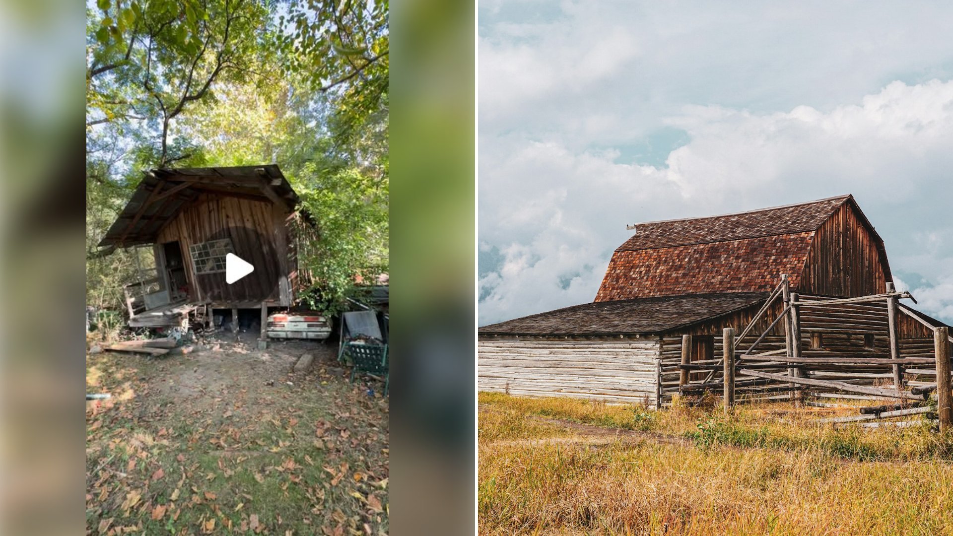 Left: cover still from an Instagram reel by @thedenniscollins. Right: An old barn in a field with a fence (Unsplash photo by Alex York).