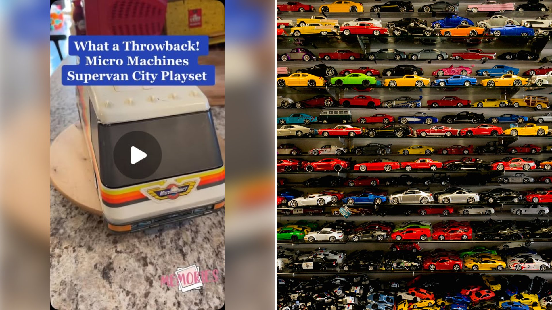 Left: cover still from an Instagram reel by @cpj_collectibles. Right: Die-cast toy car collection displayed on a shop-window rack (Unsplash photo by Karen Vardazaryan).