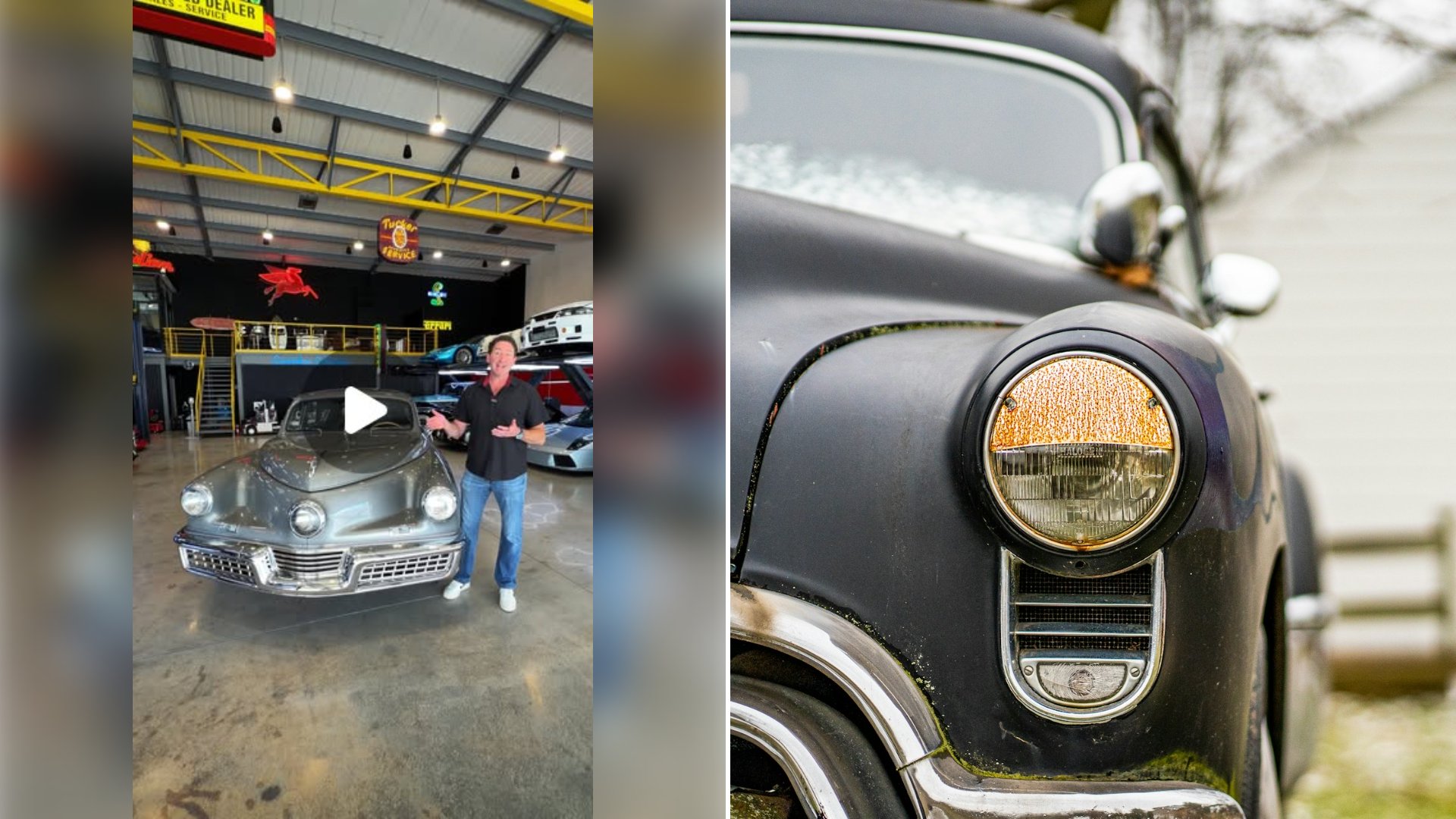 Car collector gave an in depth tour of a genuinely rare 1948 Tucker automobile built with a helicopter derived engine, three headlights, and a unique gear shift lever that lets the driver change gears without ever moving a hand off the wheel