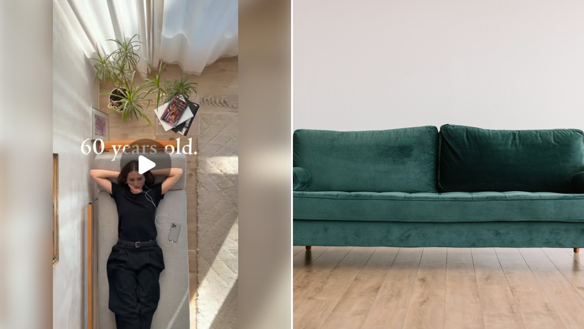 Left: cover still from an Instagram reel by @mid_century_friends. Right: Green fabric sofa with brown wooden legs on a wooden floor (Unsplash photo by Phillip Goldsberry).